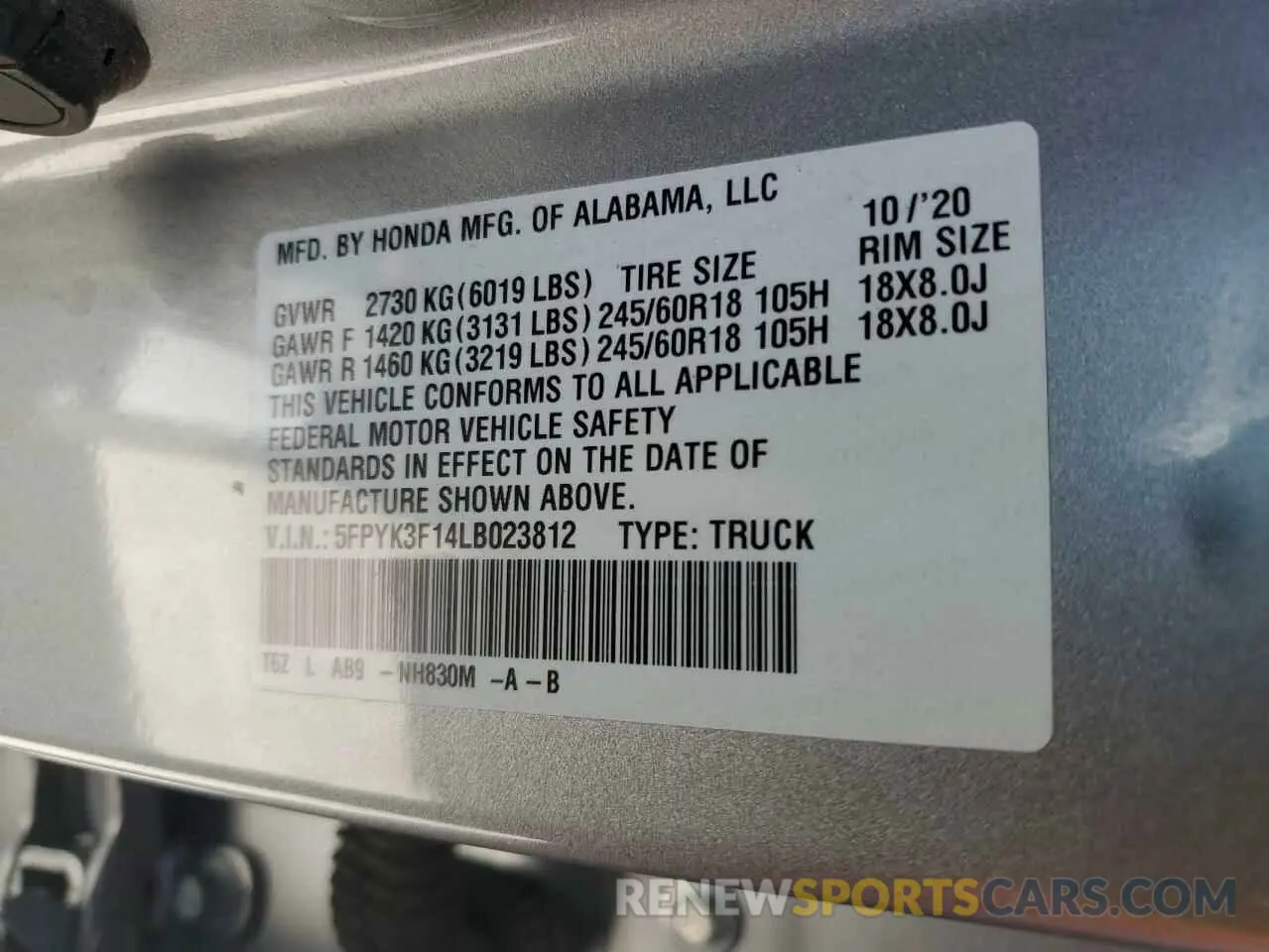 13 Photograph of a damaged car 5FPYK3F14LB023812 HONDA RIDGELINE 2020