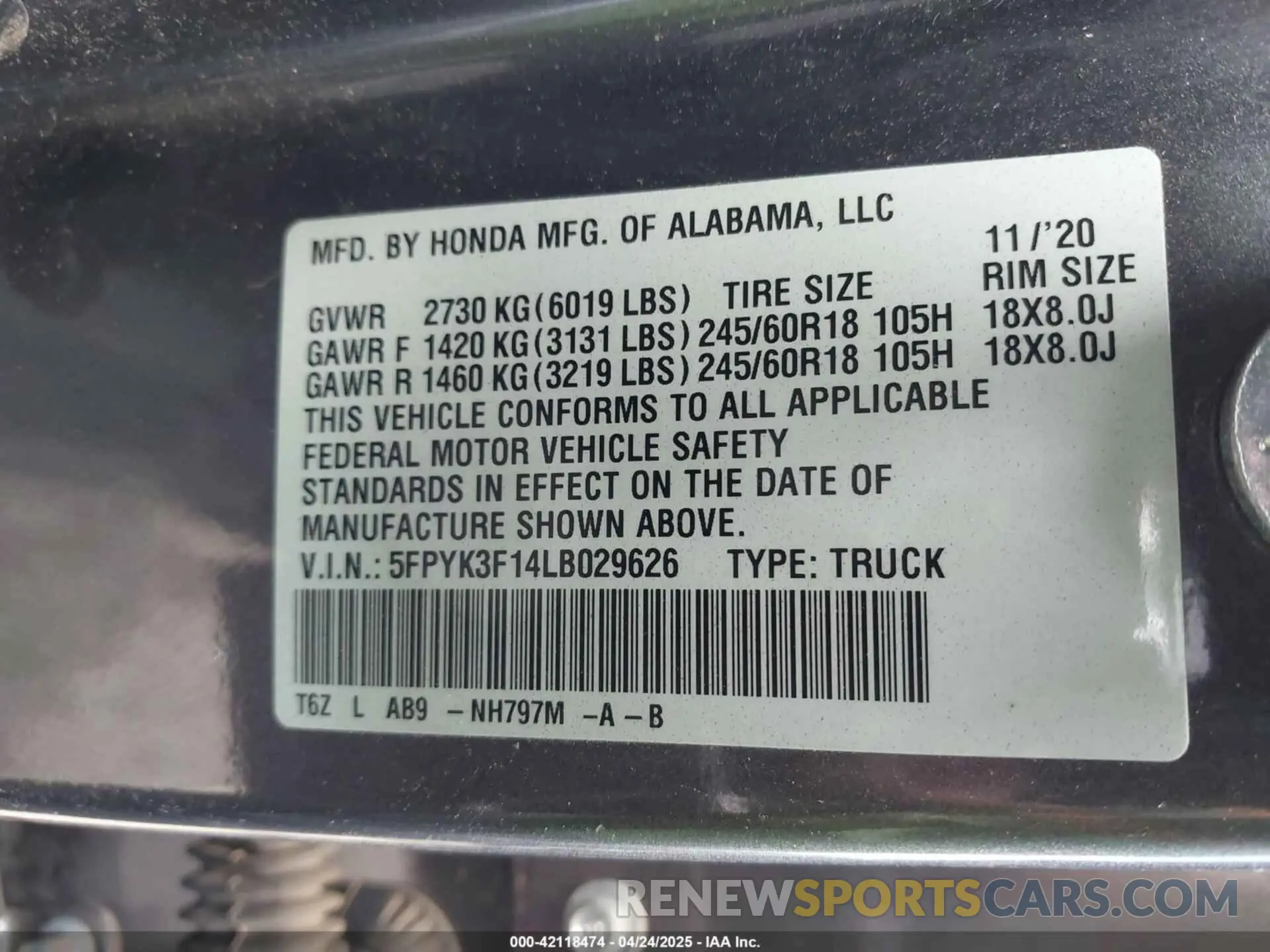 9 Фотография поврежденного автомобиля 5FPYK3F14LB029626 HONDA RIDGELINE 2020