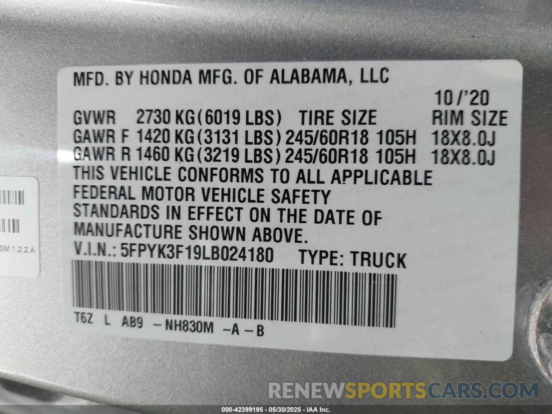 9 Фотография поврежденного автомобиля 5FPYK3F19LB024180 HONDA RIDGELINE 2020