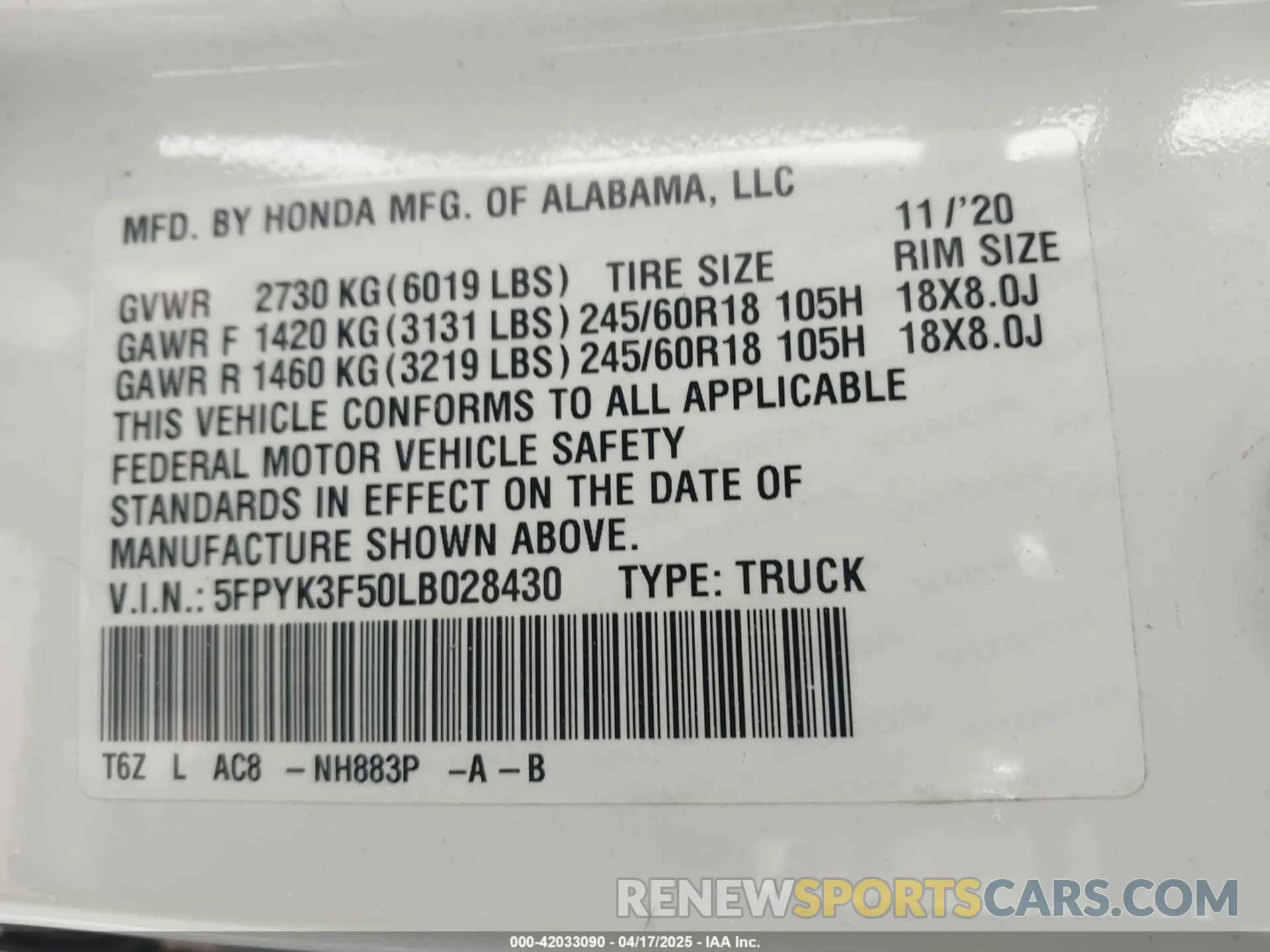 9 Фотография поврежденного автомобиля 5FPYK3F50LB028430 HONDA RIDGELINE 2020