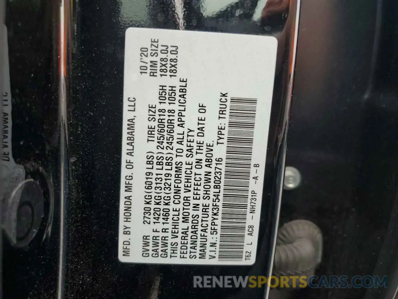 13 Фотография поврежденного автомобиля 5FPYK3F54LB023716 HONDA RIDGELINE 2020