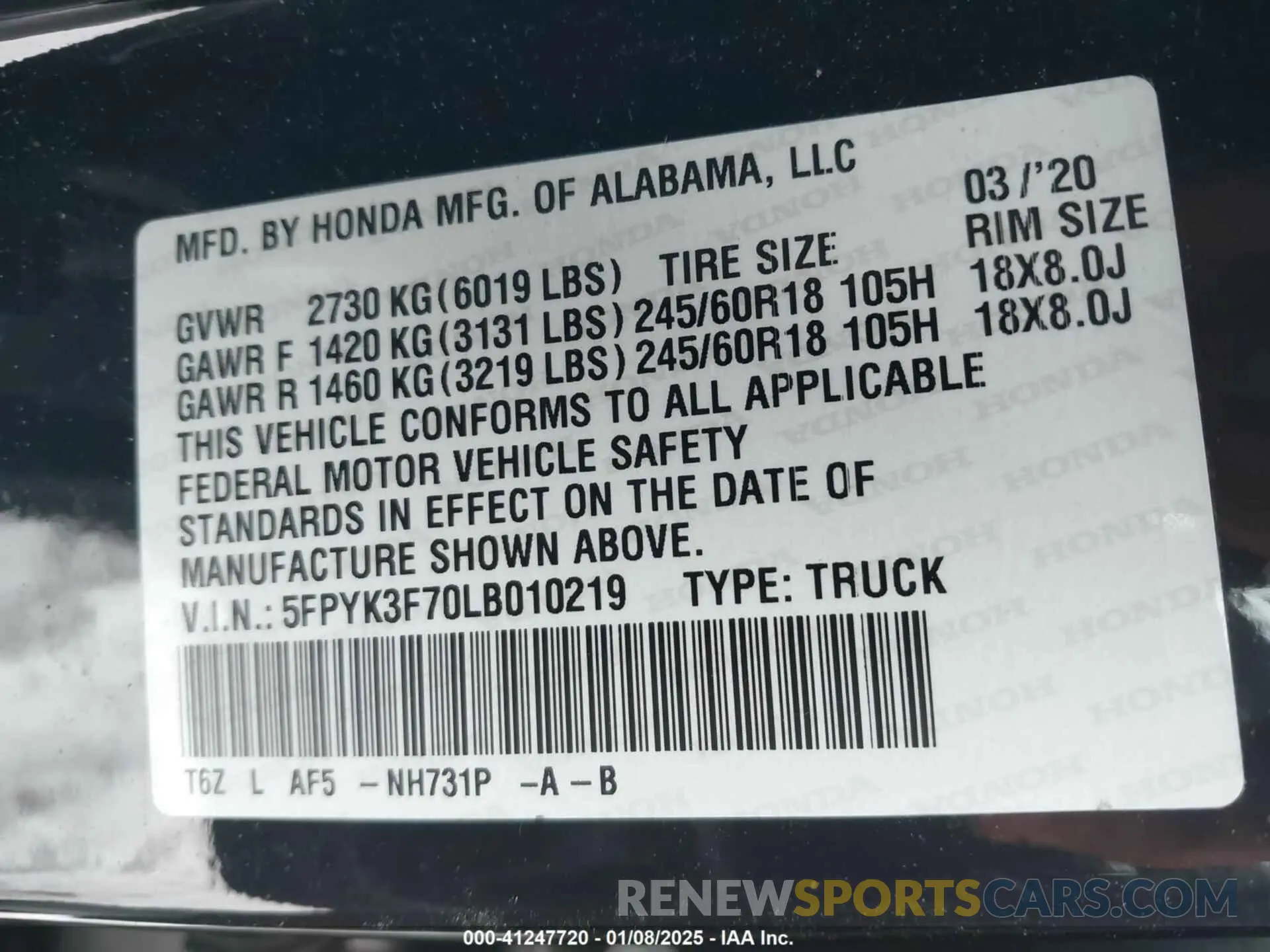 9 Фотография поврежденного автомобиля 5FPYK3F70LB010219 HONDA RIDGELINE 2020