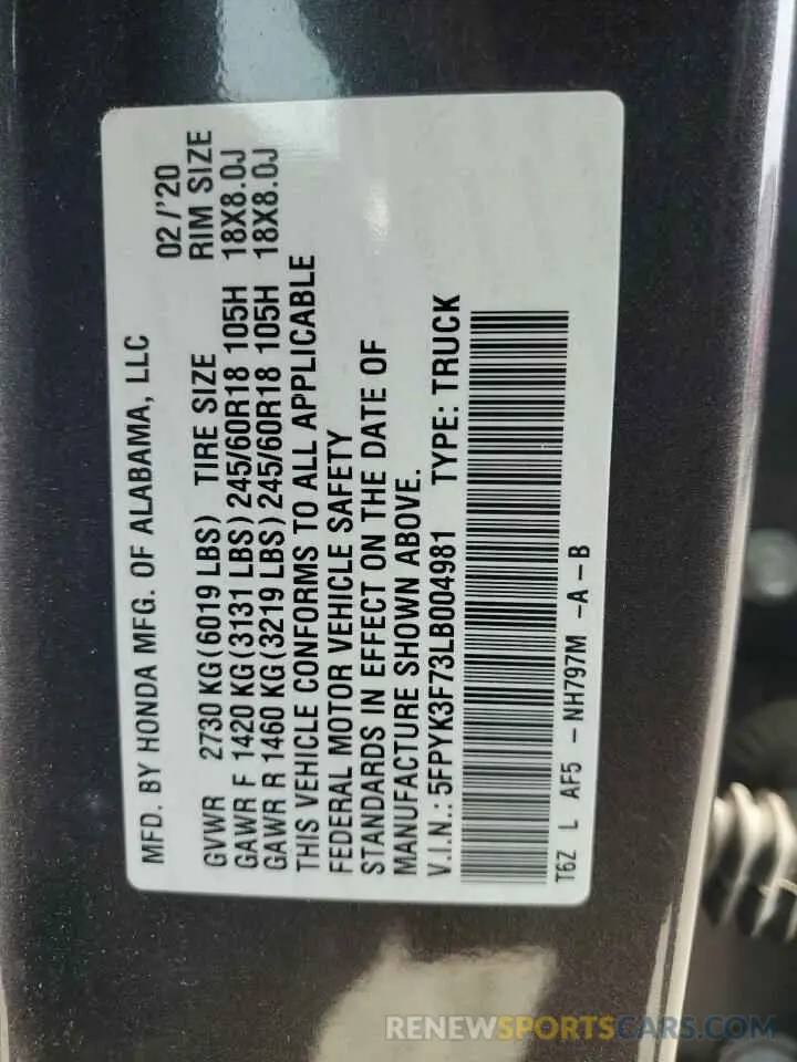13 Фотография поврежденного автомобиля 5FPYK3F73LB004981 HONDA RIDGELINE 2020