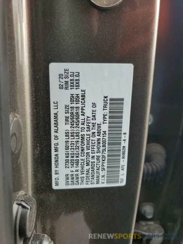 12 Фотография поврежденного автомобиля 5FPYK3F75LB007154 HONDA RIDGELINE 2020