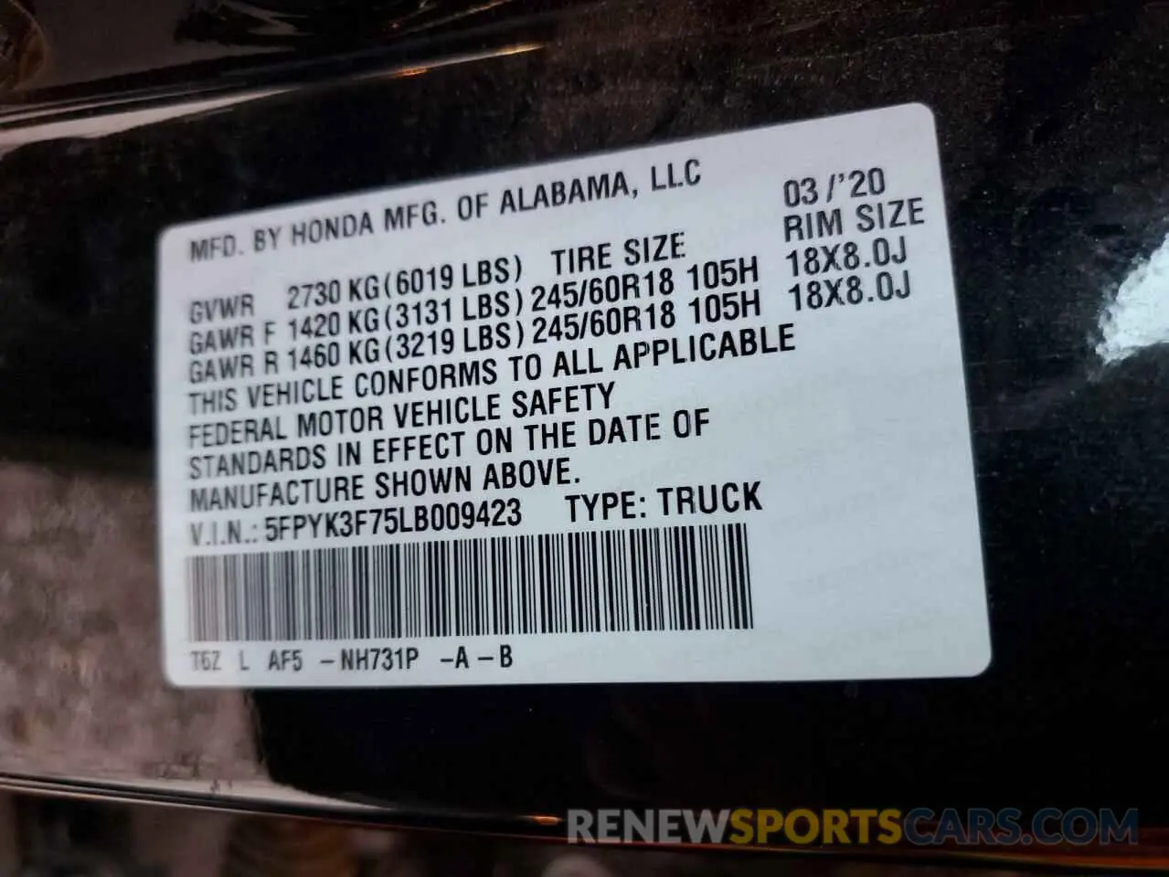12 Photograph of a damaged car 5FPYK3F75LB009423 HONDA RIDGELINE 2020
