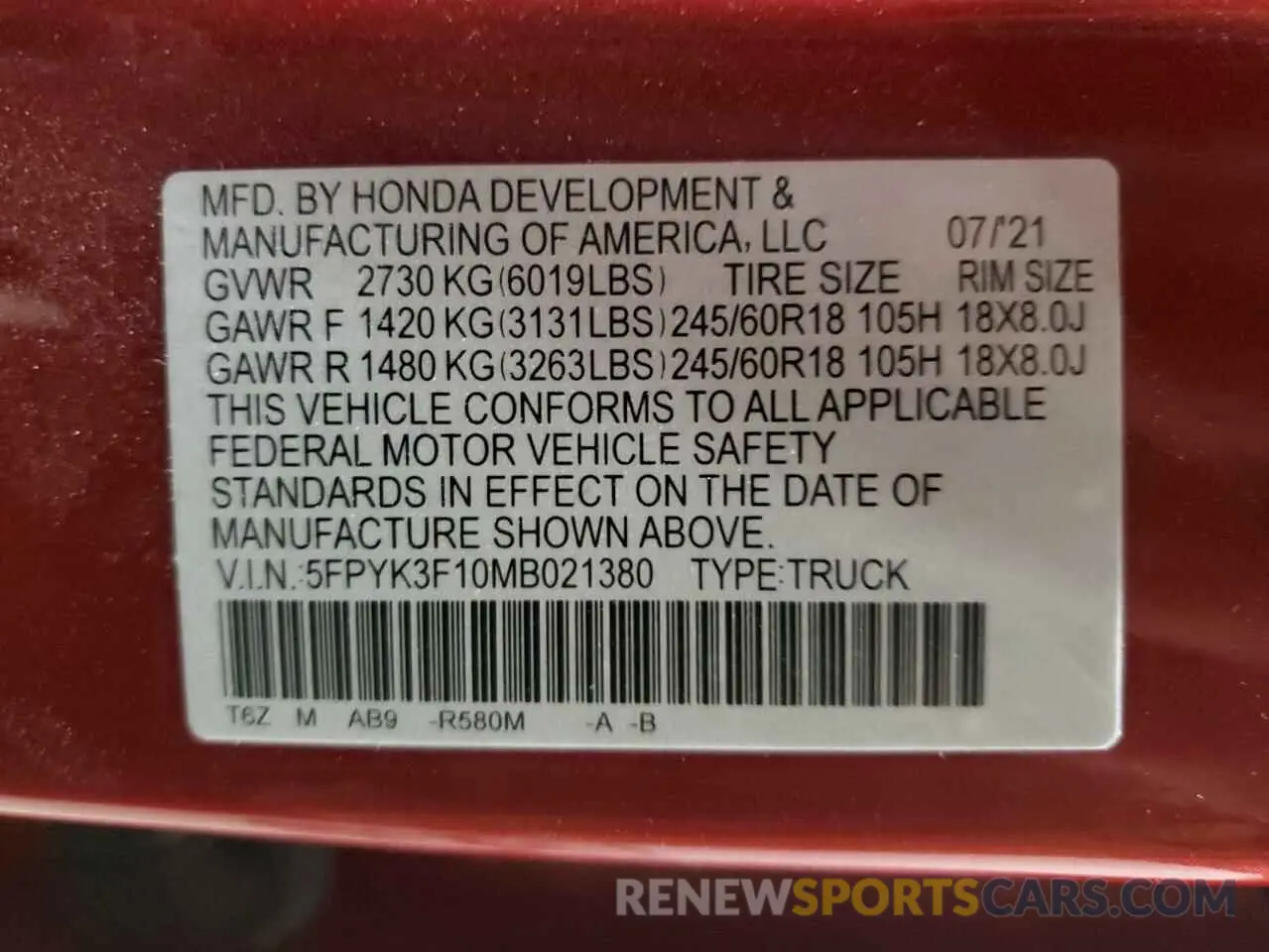 13 Фотография поврежденного автомобиля 5FPYK3F10MB021380 HONDA RIDGELINE 2021