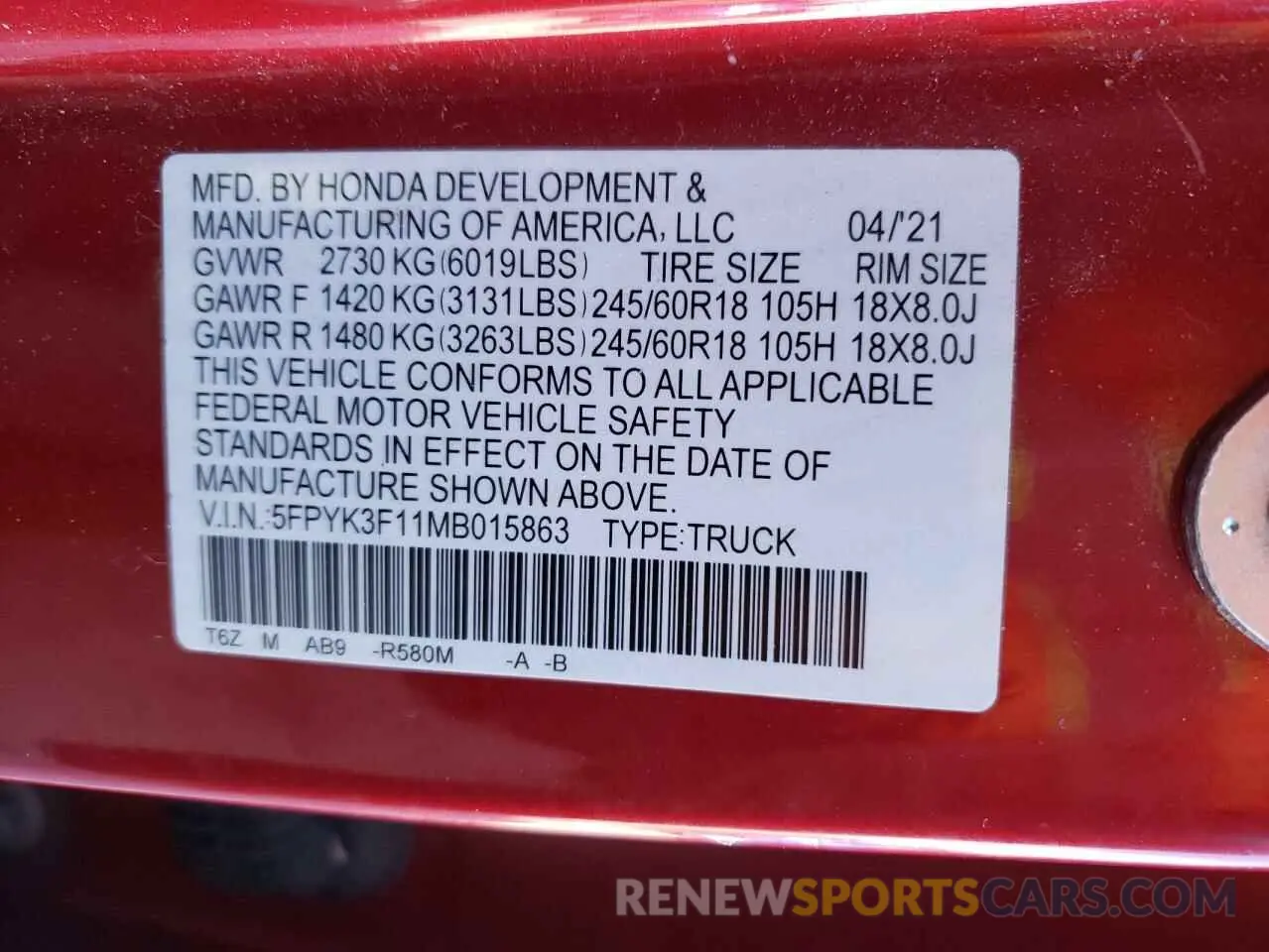 15 Photograph of a damaged car 5FPYK3F11MB015863 HONDA RIDGELINE 2021
