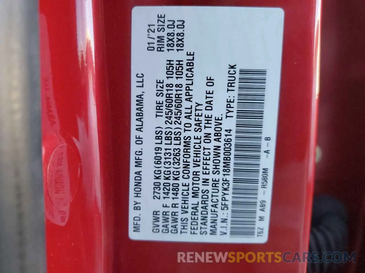 14 Фотография поврежденного автомобиля 5FPYK3F18MB003614 HONDA RIDGELINE 2021