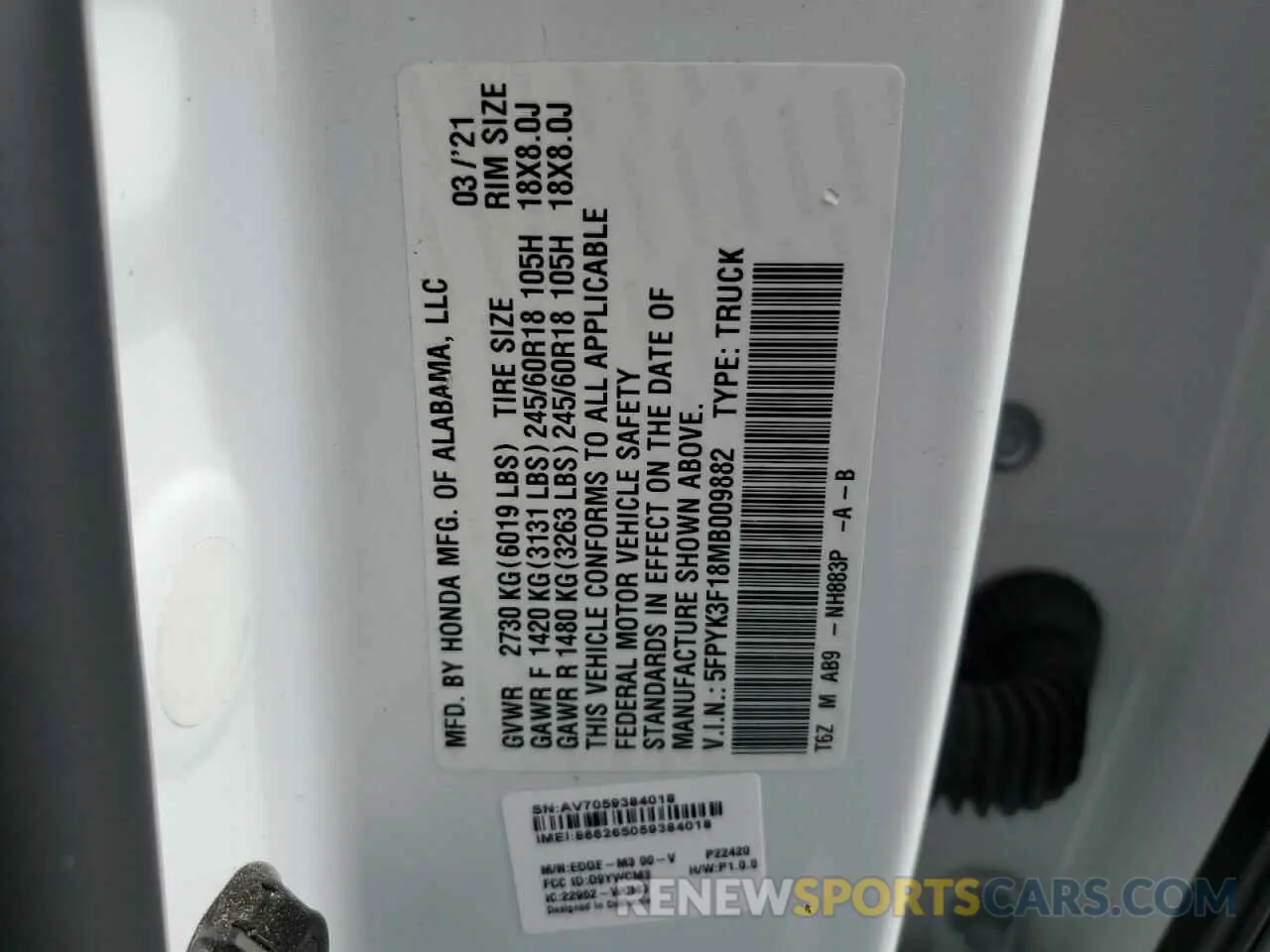 13 Photograph of a damaged car 5FPYK3F18MB009882 HONDA RIDGELINE 2021
