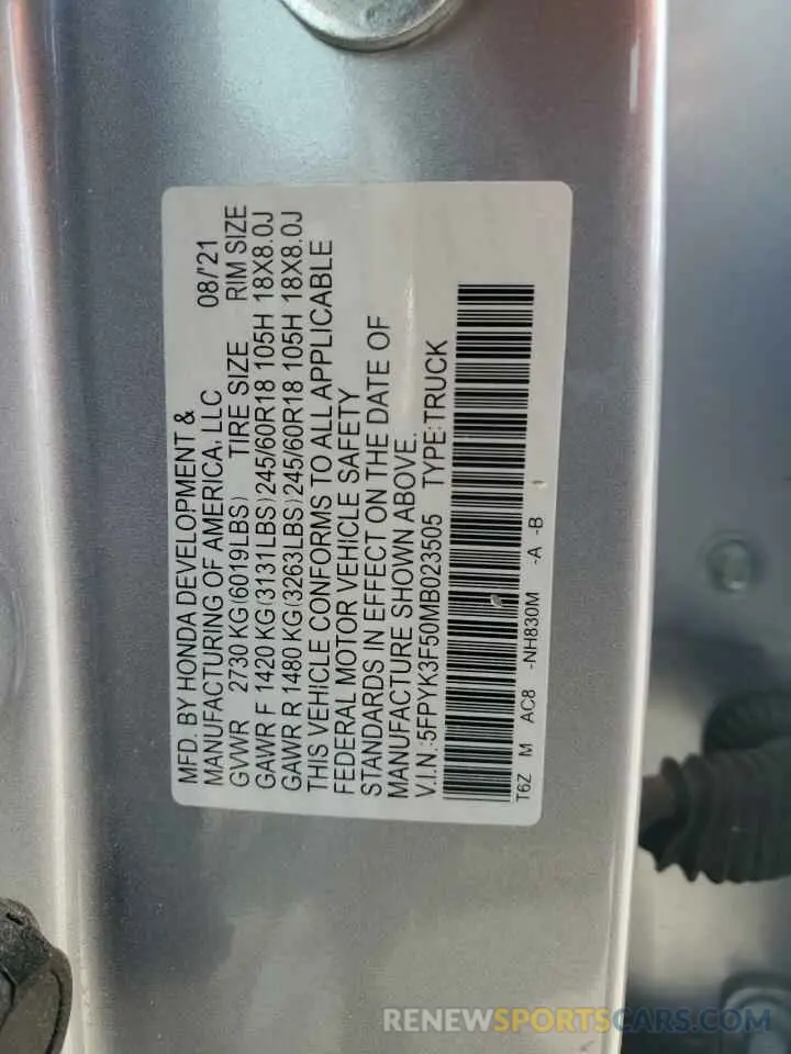 12 Фотография поврежденного автомобиля 5FPYK3F50MB023505 HONDA RIDGELINE 2021