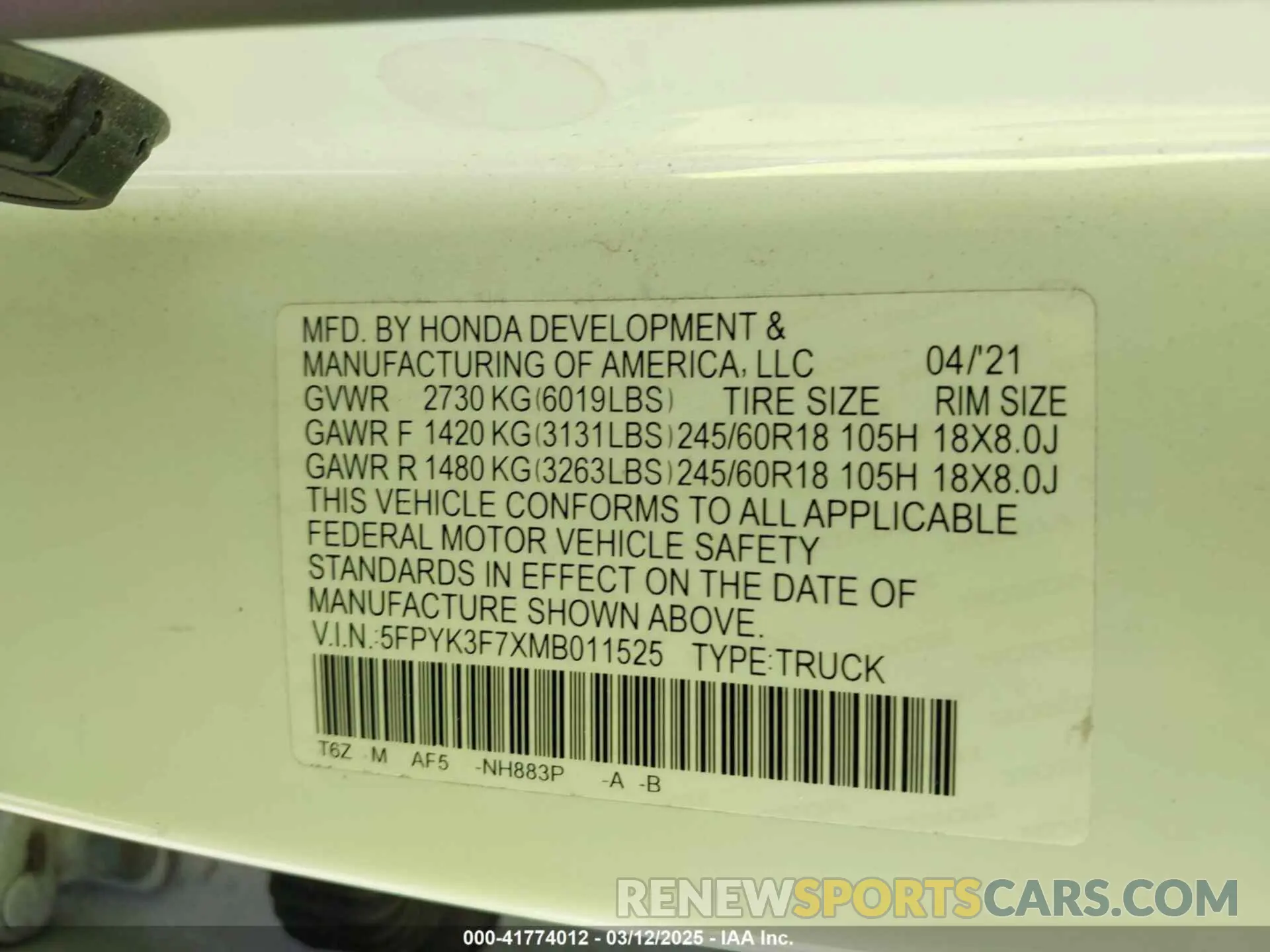 9 Фотография поврежденного автомобиля 5FPYK3F7XMB011525 HONDA RIDGELINE 2021