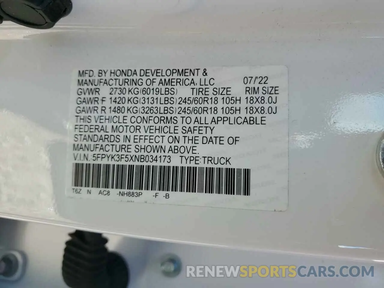 13 Фотография поврежденного автомобиля 5FPYK3F5XNB034173 HONDA RIDGELINE 2022