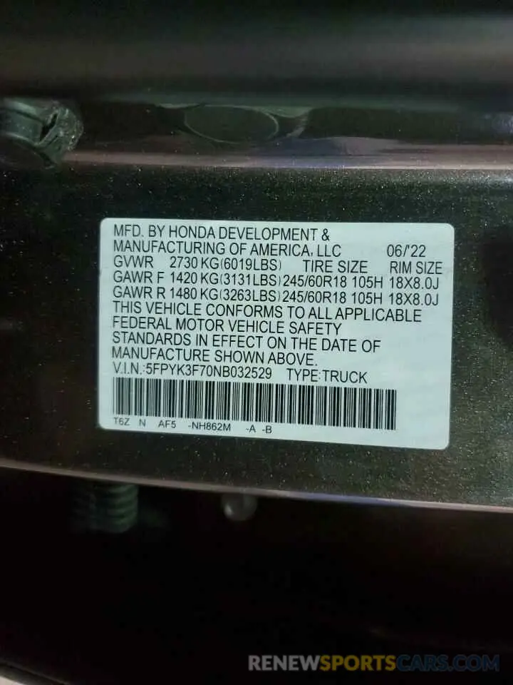 12 Фотография поврежденного автомобиля 5FPYK3F70NB032529 HONDA RIDGELINE 2022