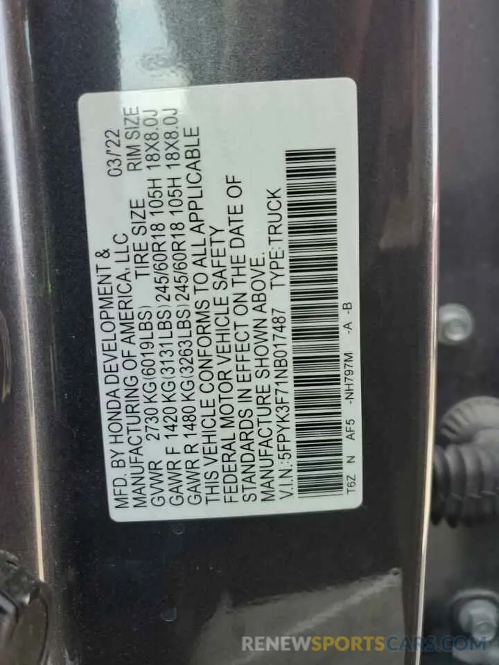 13 Фотография поврежденного автомобиля 5FPYK3F71NB017487 HONDA RIDGELINE 2022