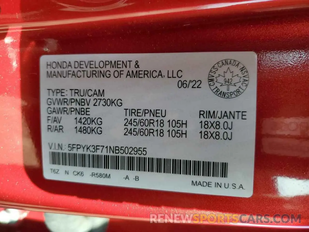 12 Фотография поврежденного автомобиля 5FPYK3F71NB502955 HONDA RIDGELINE 2022