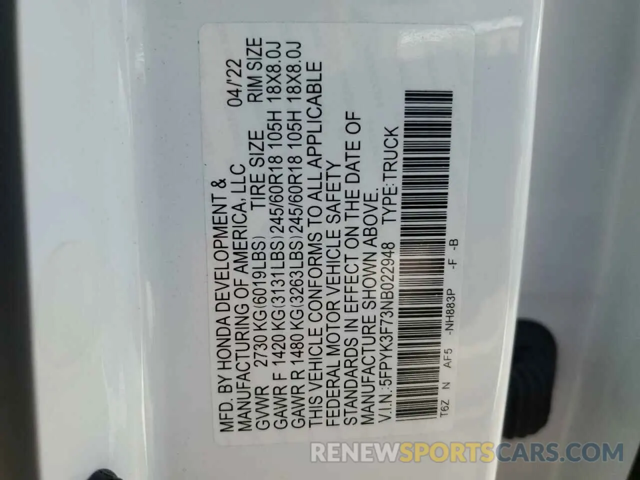13 Фотография поврежденного автомобиля 5FPYK3F73NB022948 HONDA RIDGELINE 2022