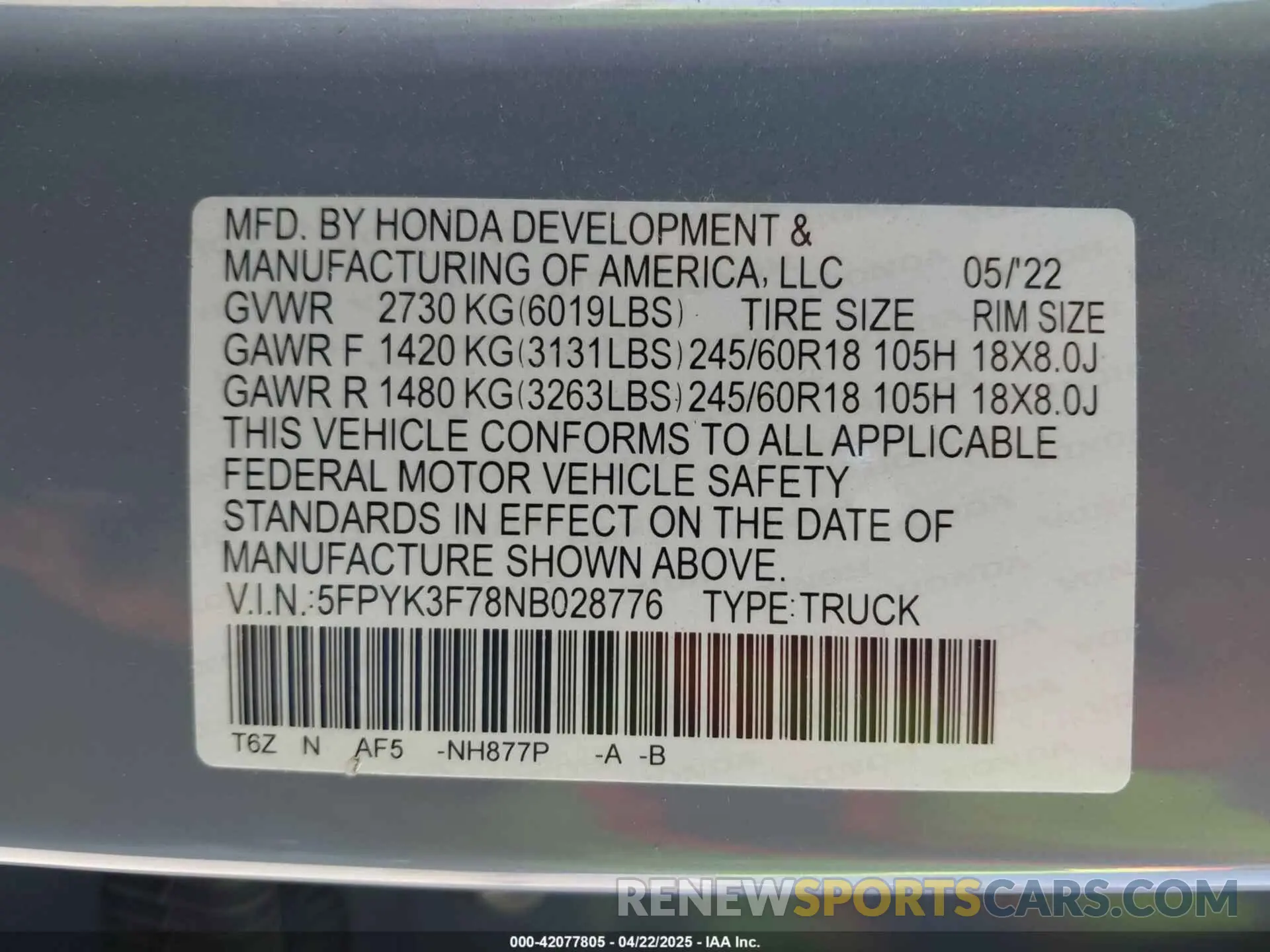 9 Фотография поврежденного автомобиля 5FPYK3F78NB028776 HONDA RIDGELINE 2022