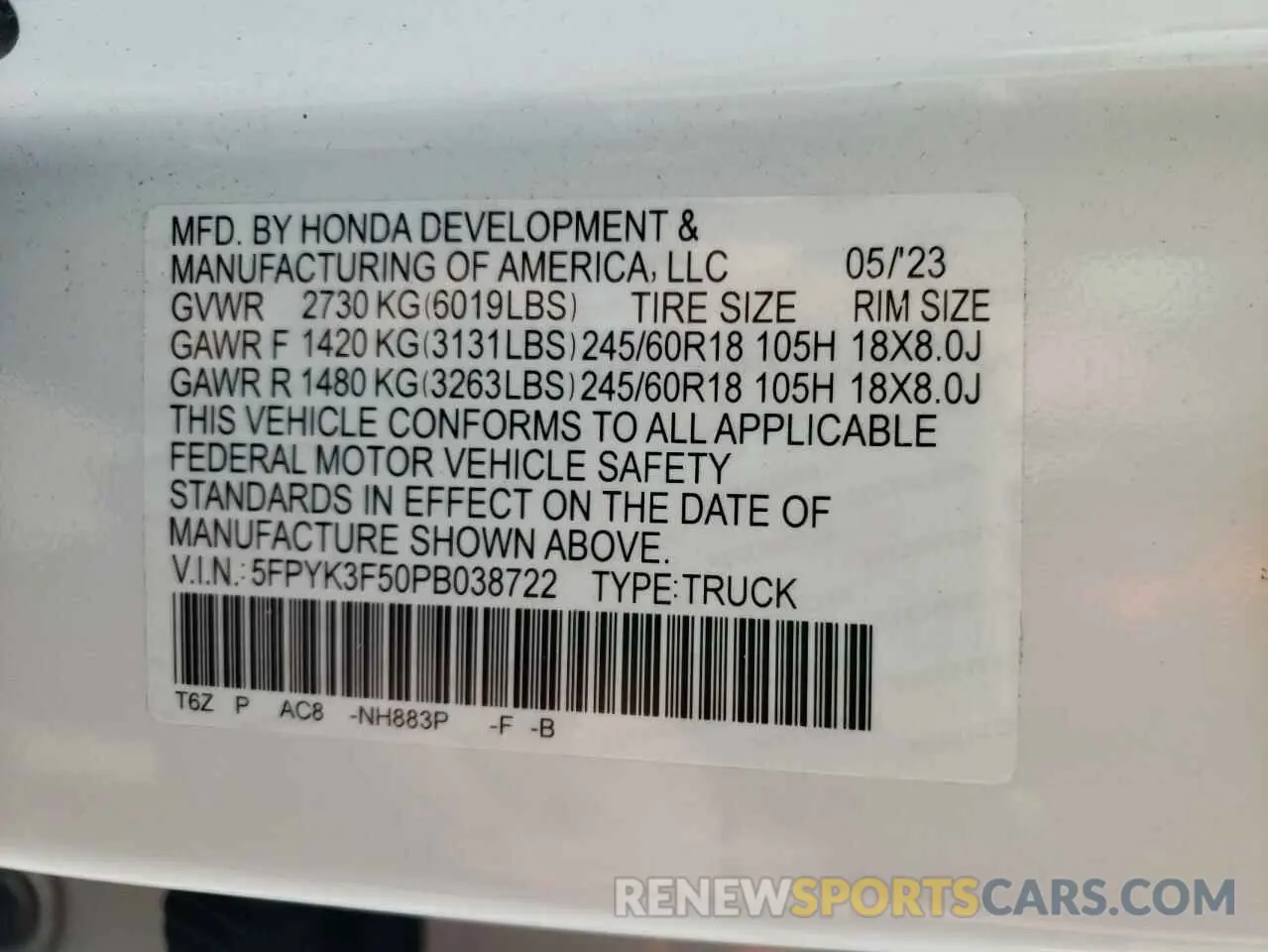 13 Фотография поврежденного автомобиля 5FPYK3F50PB038722 HONDA RIDGELINE 2023