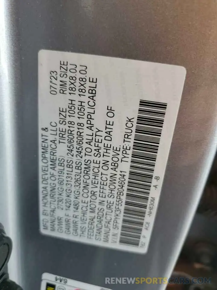 12 Фотография поврежденного автомобиля 5FPYK3F55PB046041 HONDA RIDGELINE 2023