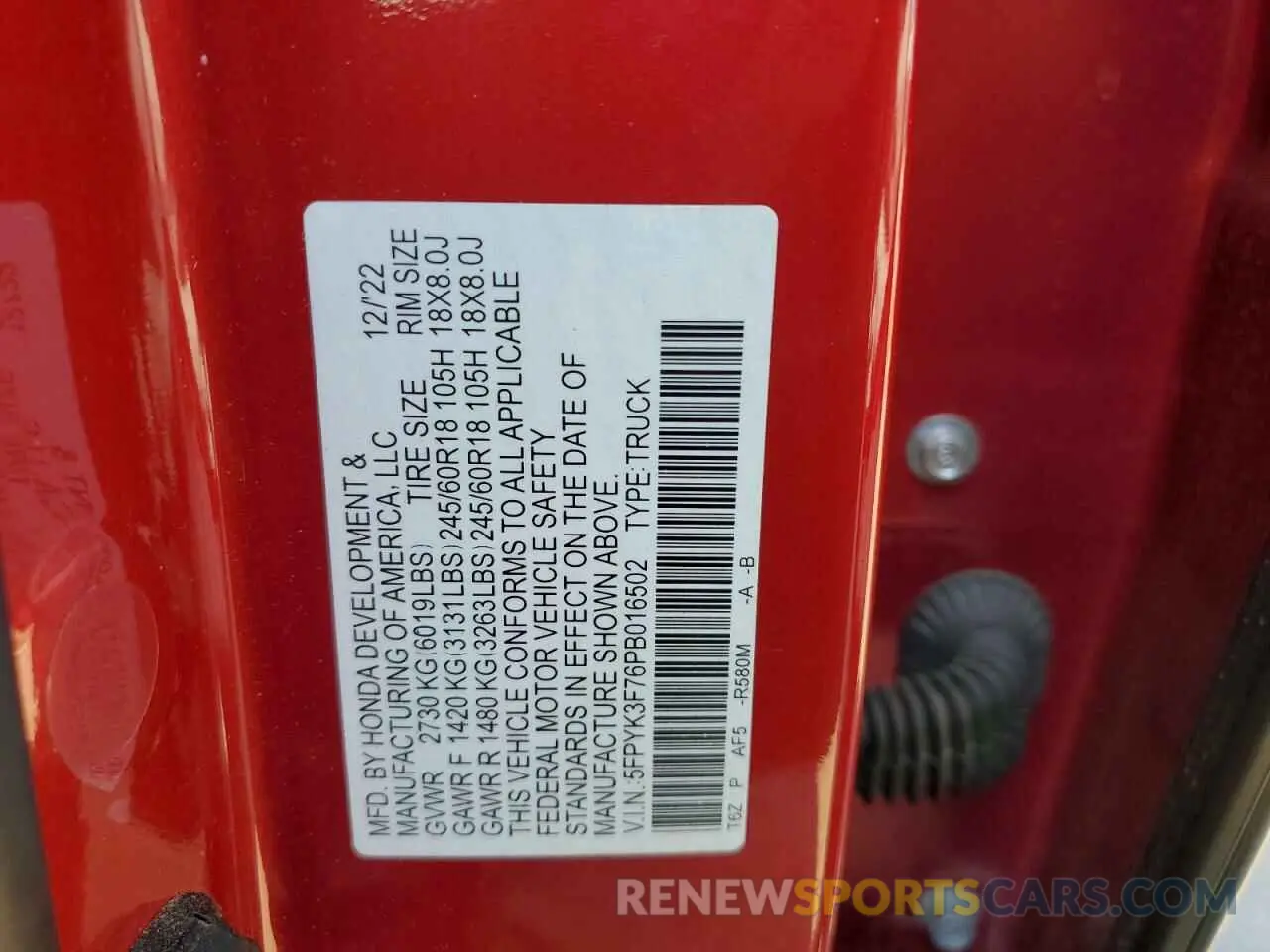 12 Фотография поврежденного автомобиля 5FPYK3F76PB016502 HONDA RIDGELINE 2023