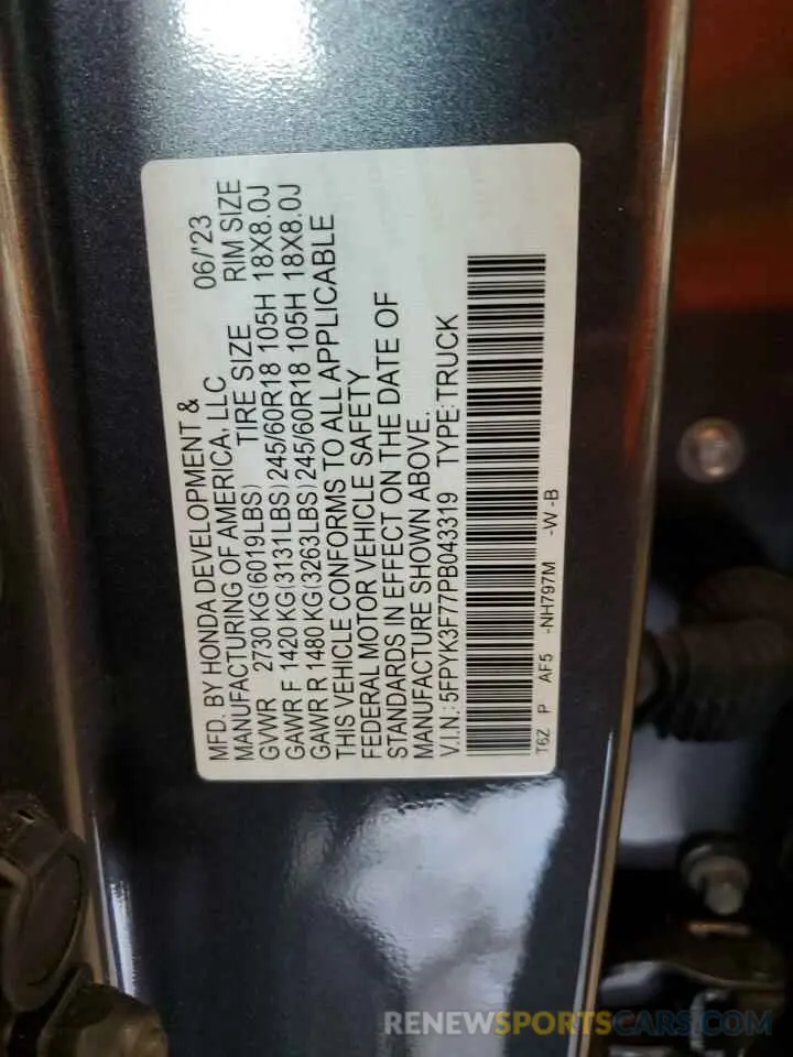 13 Фотография поврежденного автомобиля 5FPYK3F77PB043319 HONDA RIDGELINE 2023