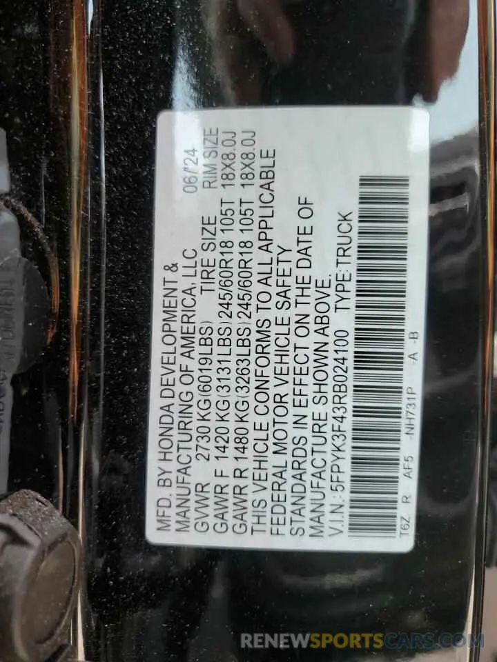 12 Фотография поврежденного автомобиля 5FPYK3F43RB024100 HONDA RIDGELINE 2024