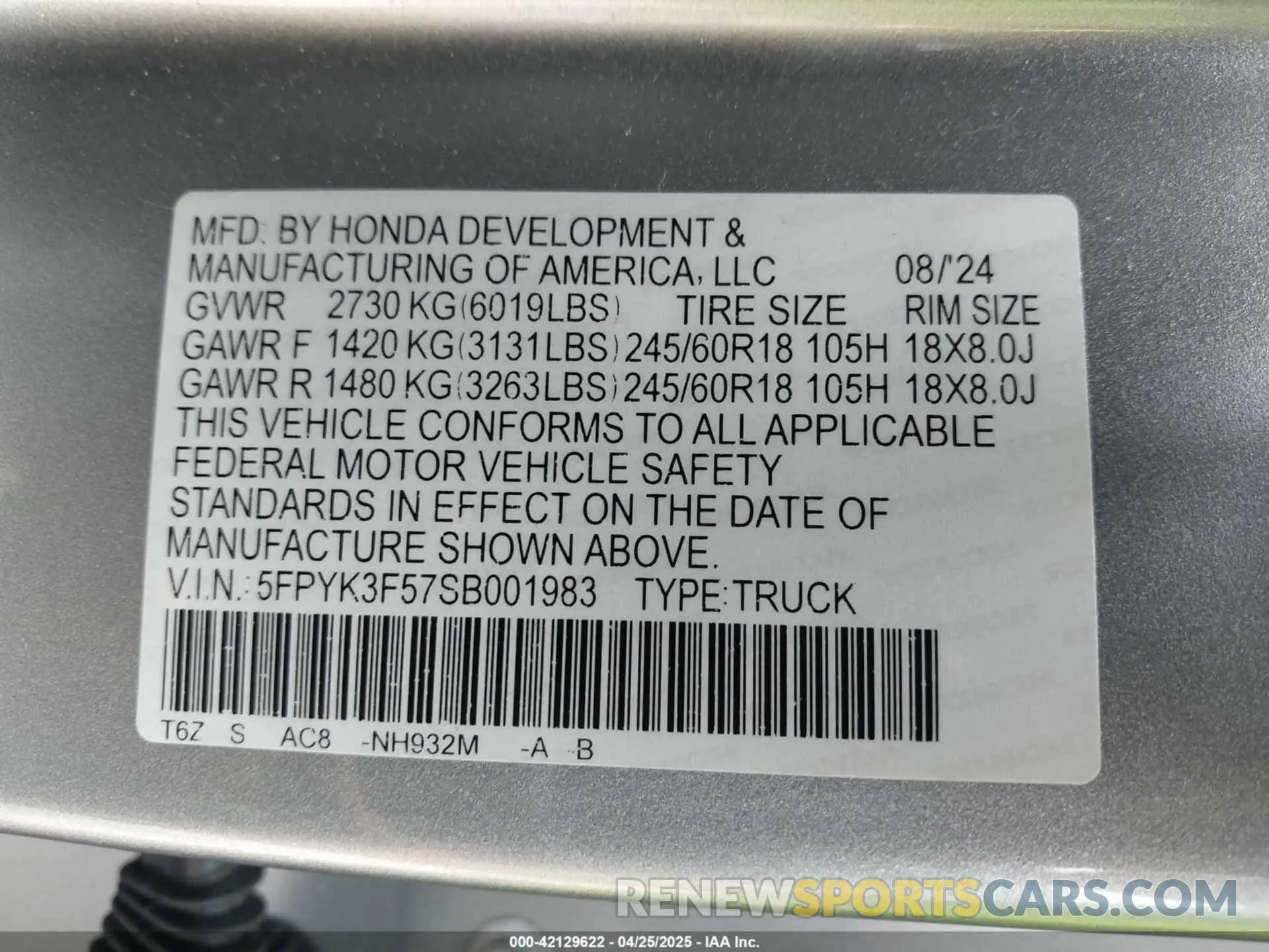 9 Фотография поврежденного автомобиля 5FPYK3F57SB001983 HONDA RIDGELINE 2025