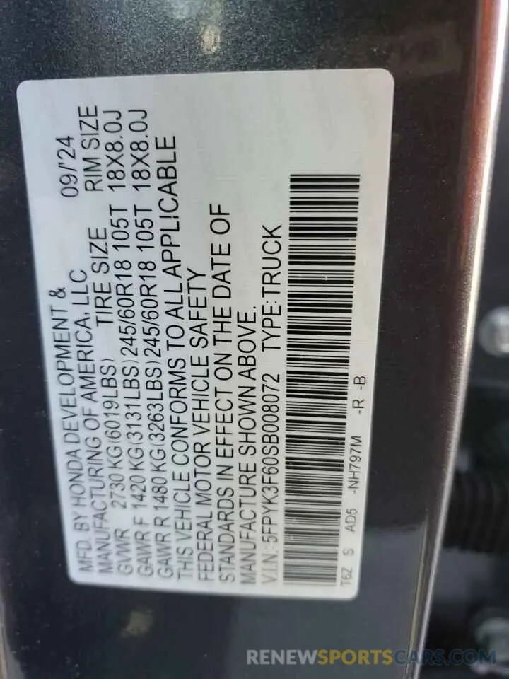 14 Фотография поврежденного автомобиля 5FPYK3F60SB008072 HONDA RIDGELINE 2025