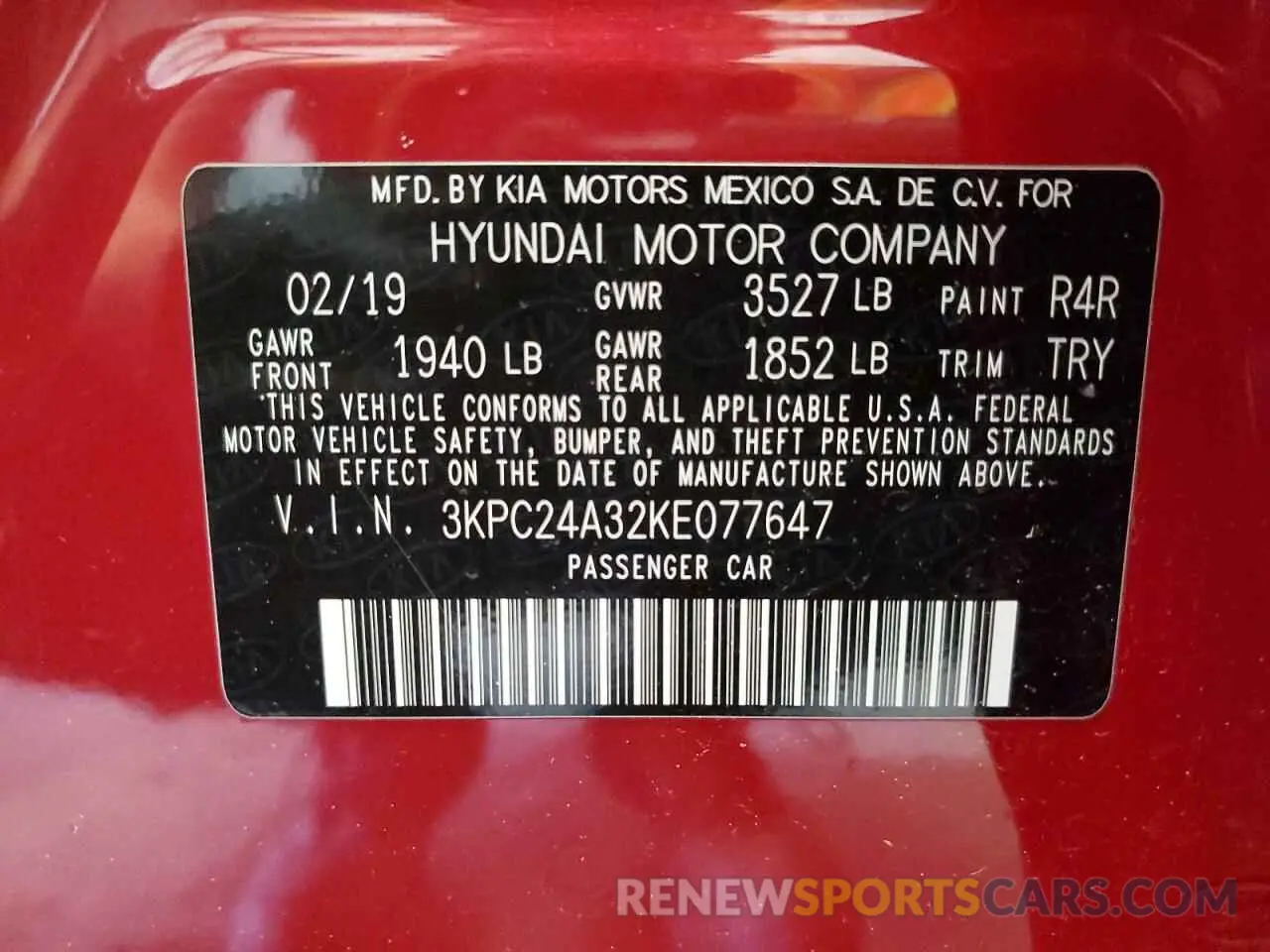 12 Photograph of a damaged car 3KPC24A32KE077647 HYUNDAI ACCENT 2019