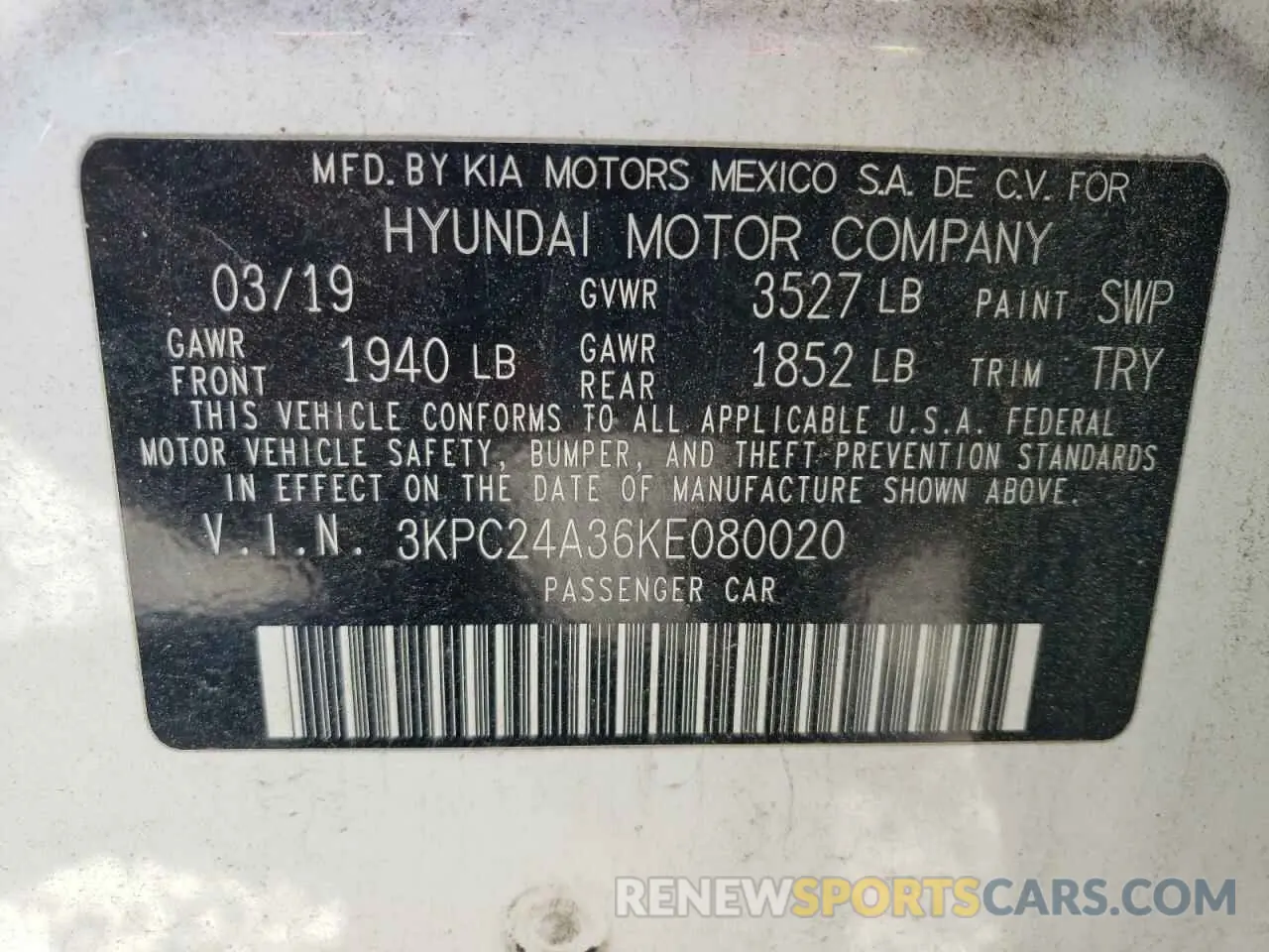 12 Photograph of a damaged car 3KPC24A36KE080020 HYUNDAI ACCENT 2019