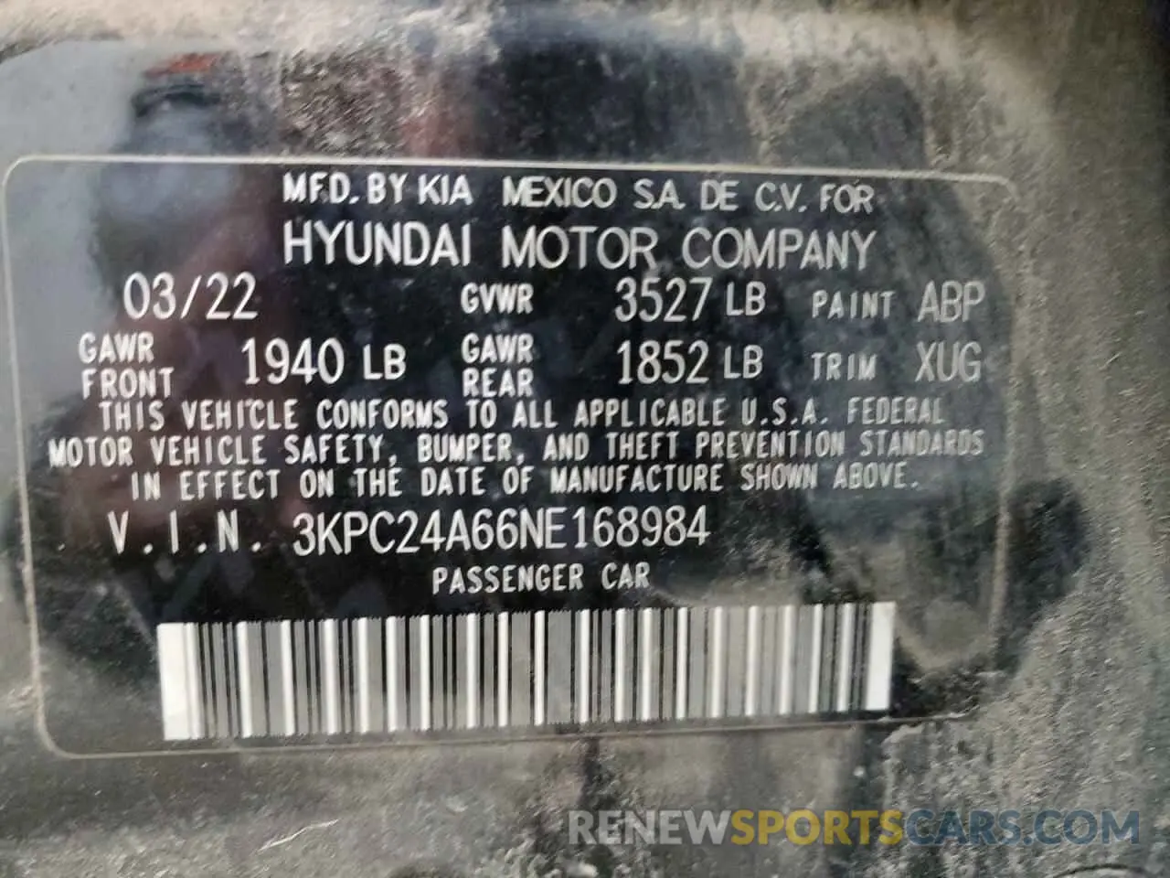 12 Photograph of a damaged car 3KPC24A66NE168984 HYUNDAI ACCENT 2022