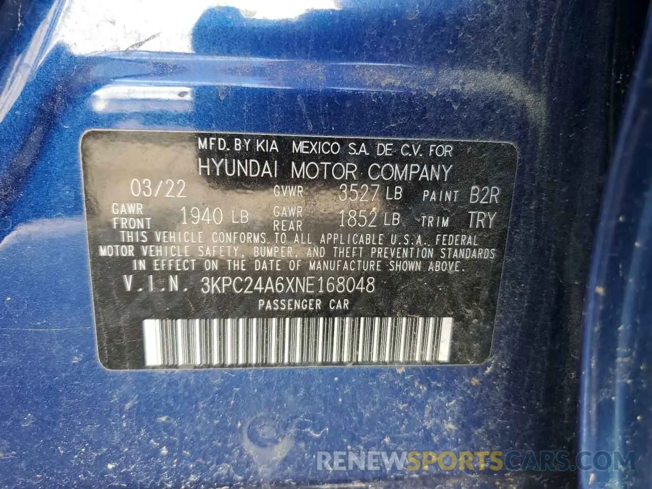 12 Photograph of a damaged car 3KPC24A6XNE168048 HYUNDAI ACCENT 2022
