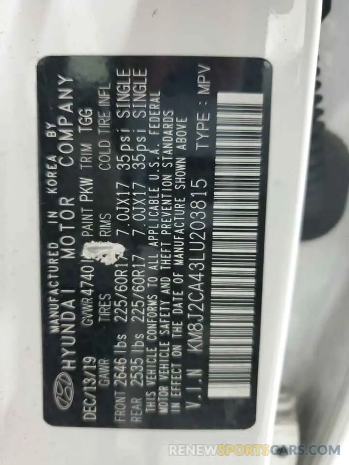 13 Photograph of a damaged car KM8J2CA43LU203815 HYUNDAI ALL OTHER 2020
