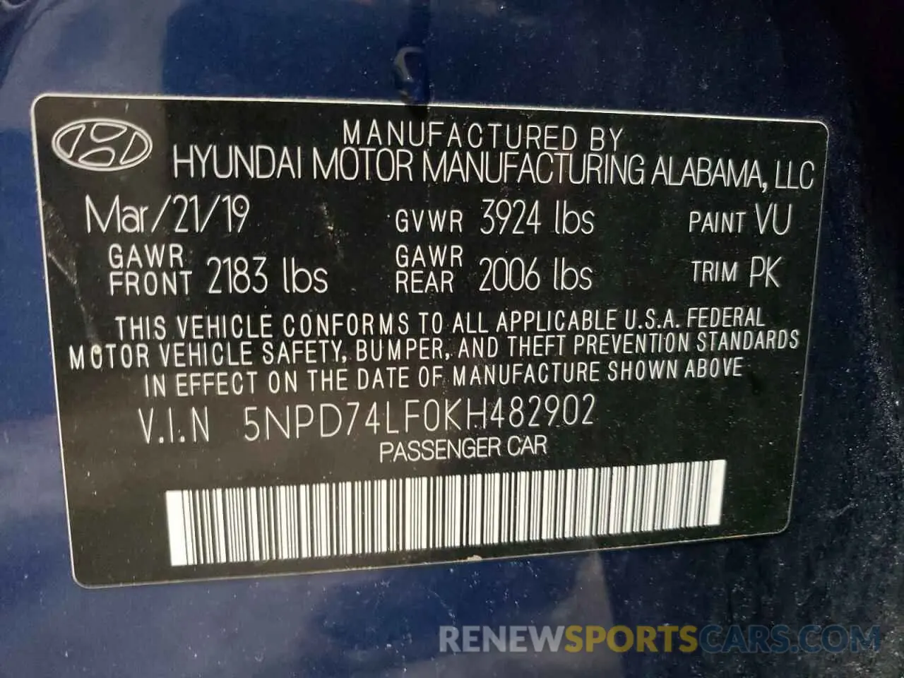 12 Фотография поврежденного автомобиля 5NPD74LF0KH482902 HYUNDAI ELANTRA 2019