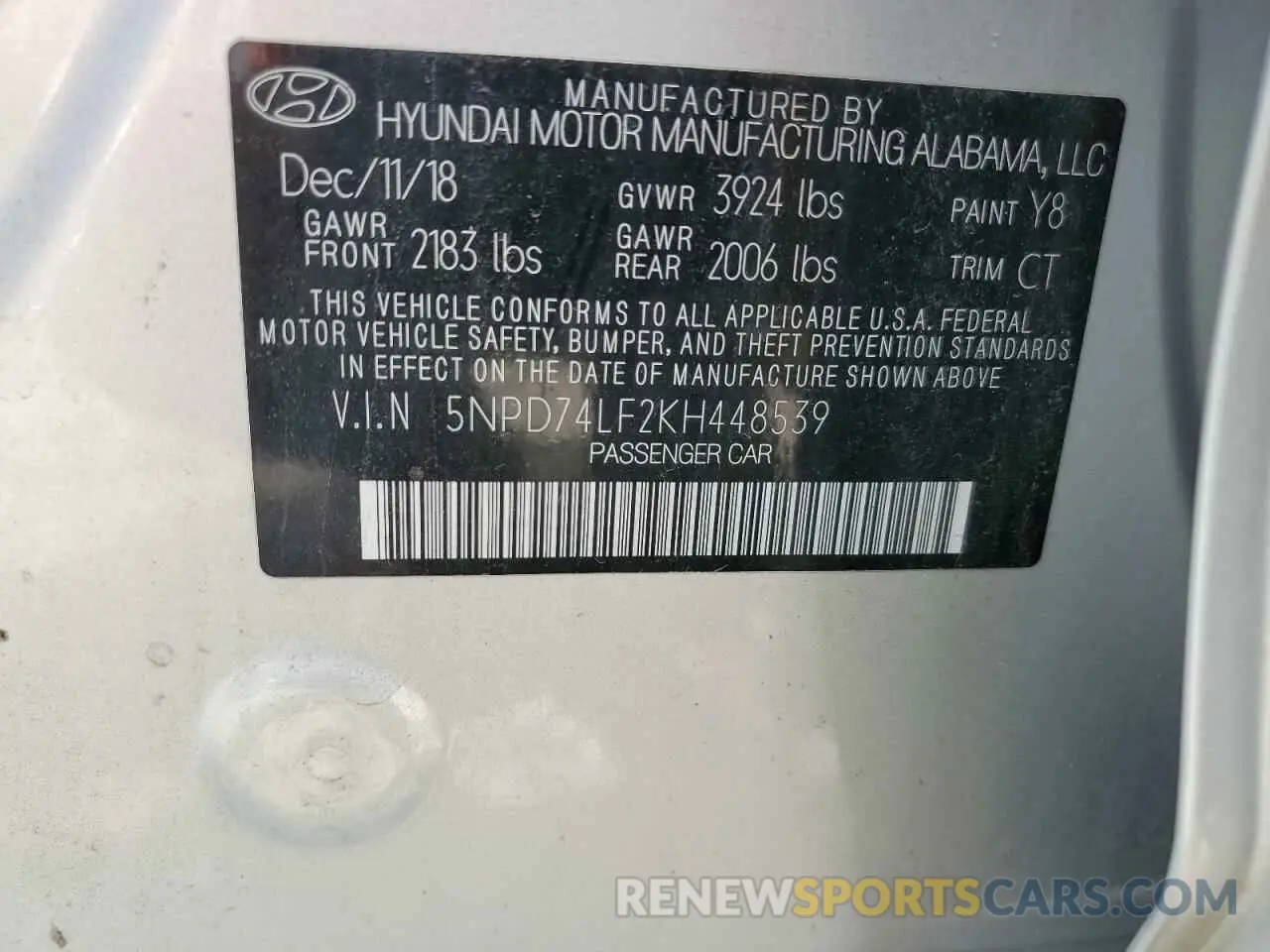 12 Фотография поврежденного автомобиля 5NPD74LF2KH448539 HYUNDAI ELANTRA 2019