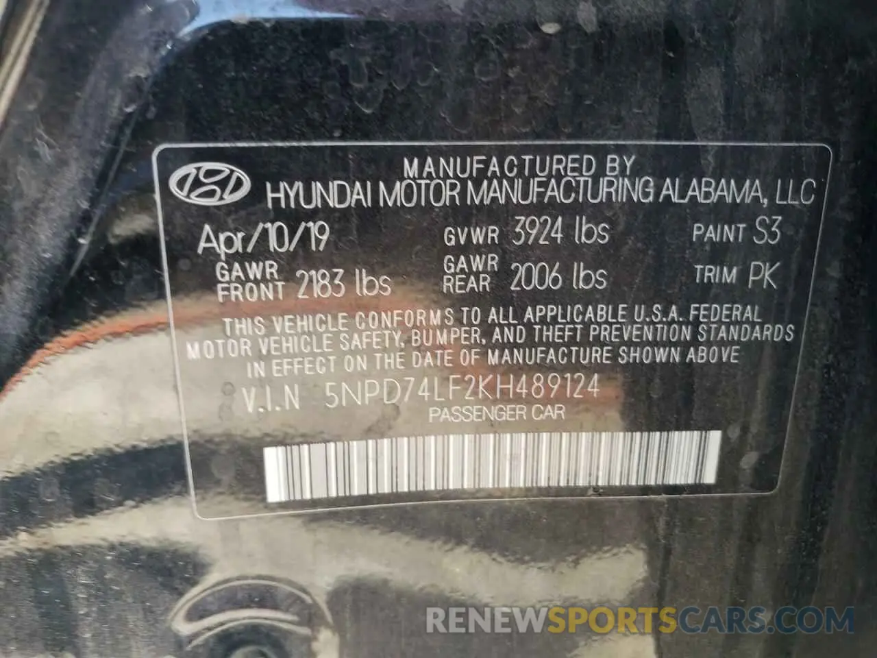 12 Photograph of a damaged car 5NPD74LF2KH489124 HYUNDAI ELANTRA 2019