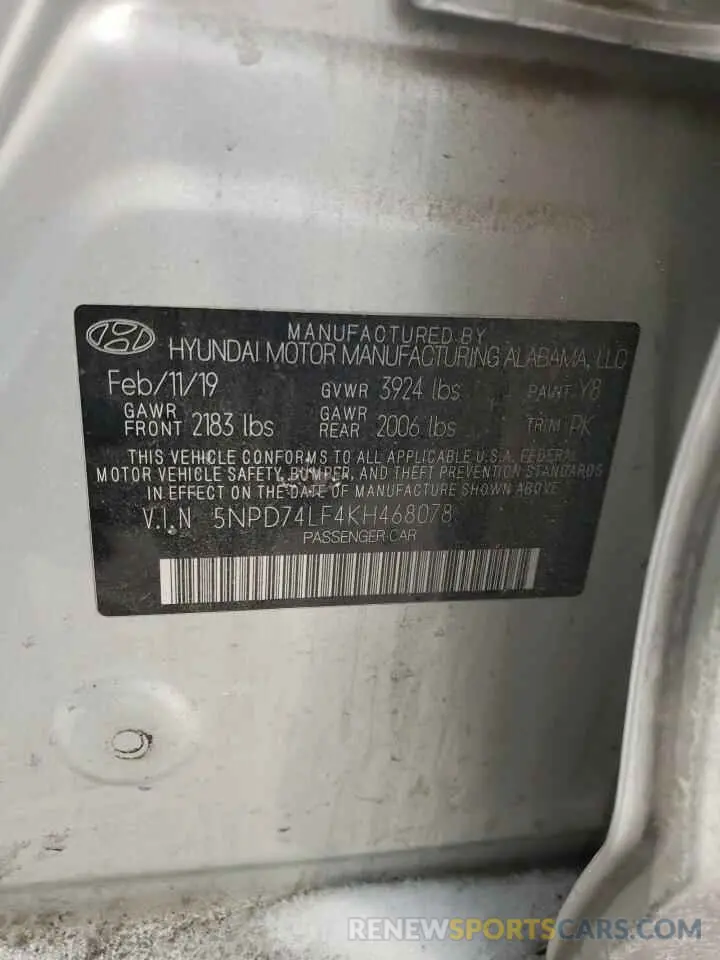 12 Photograph of a damaged car 5NPD74LF4KH468078 HYUNDAI ELANTRA 2019
