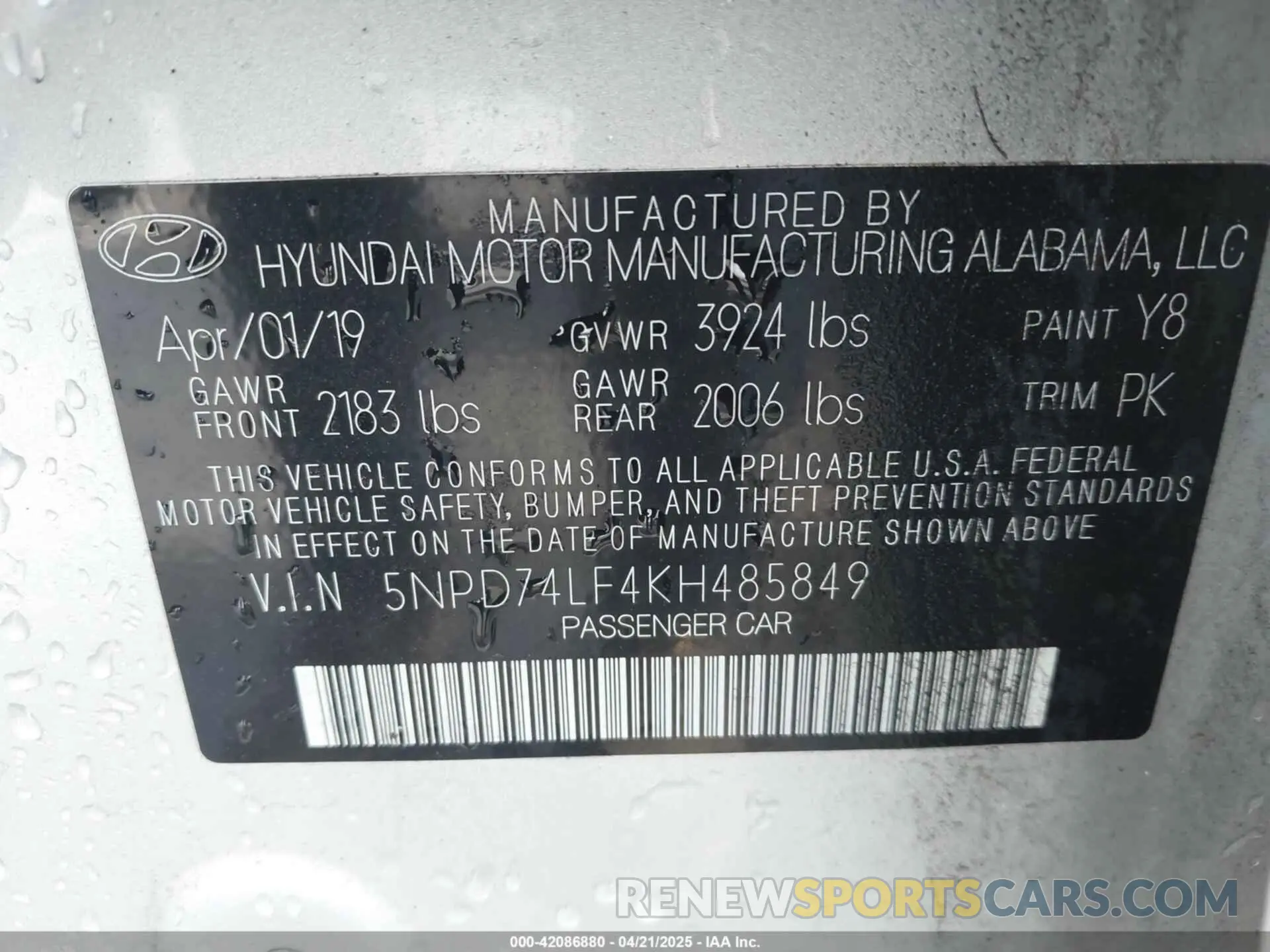 9 Фотография поврежденного автомобиля 5NPD74LF4KH485849 HYUNDAI ELANTRA 2019