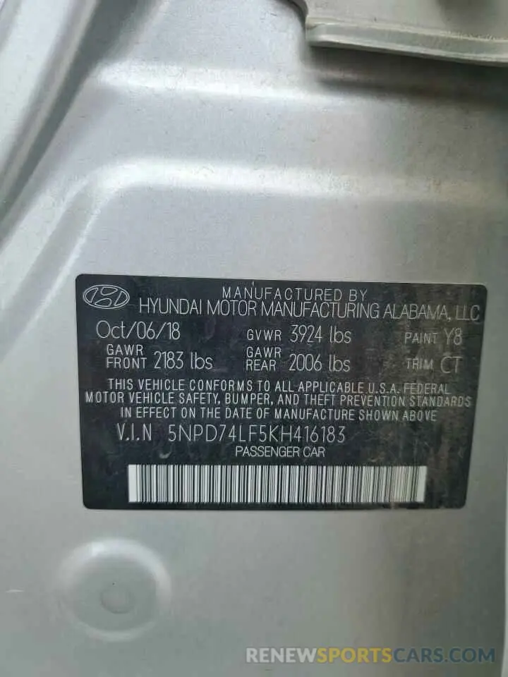 12 Photograph of a damaged car 5NPD74LF5KH416183 HYUNDAI ELANTRA 2019