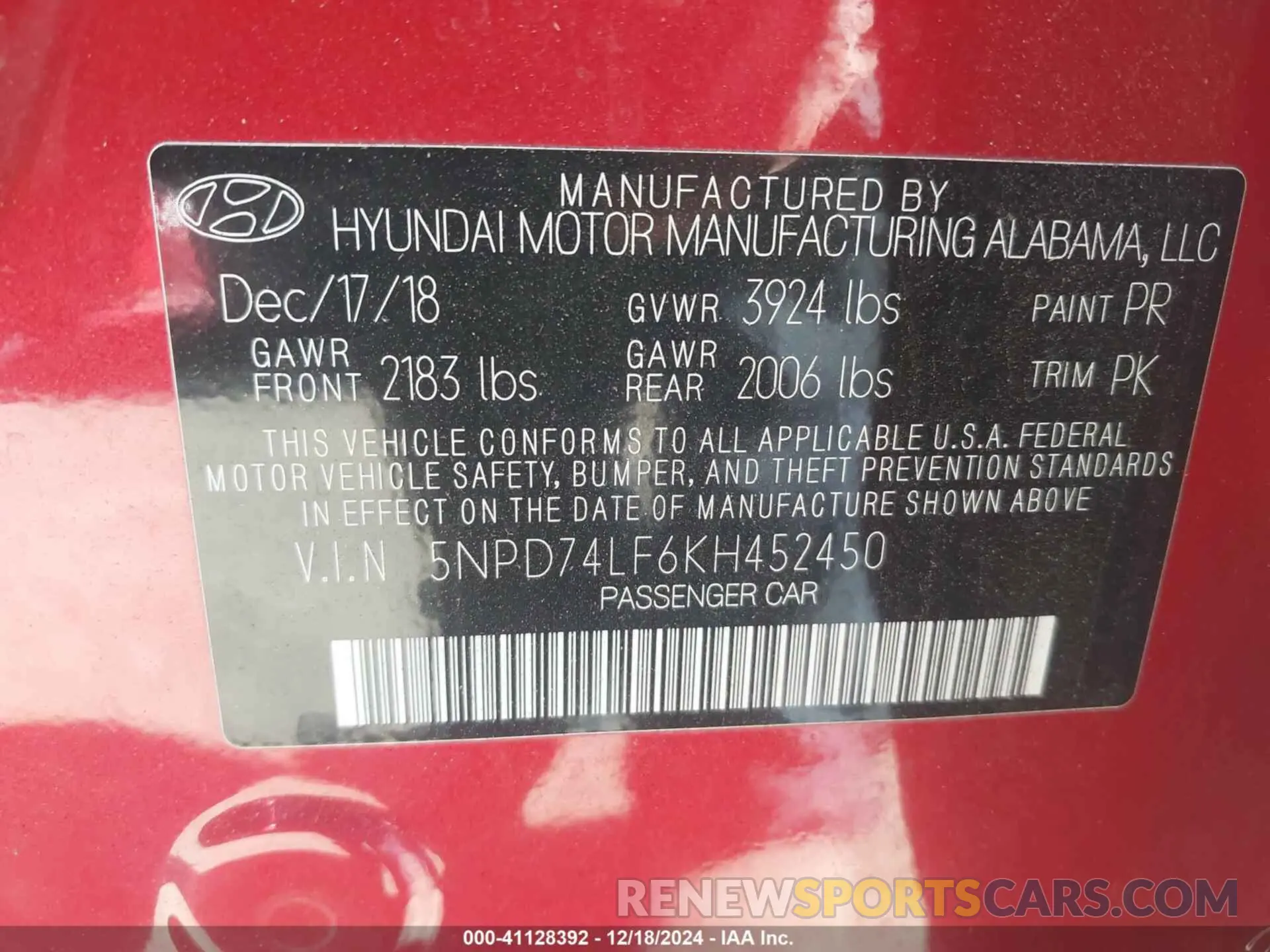 9 Photograph of a damaged car 5NPD74LF6KH452450 HYUNDAI ELANTRA 2019