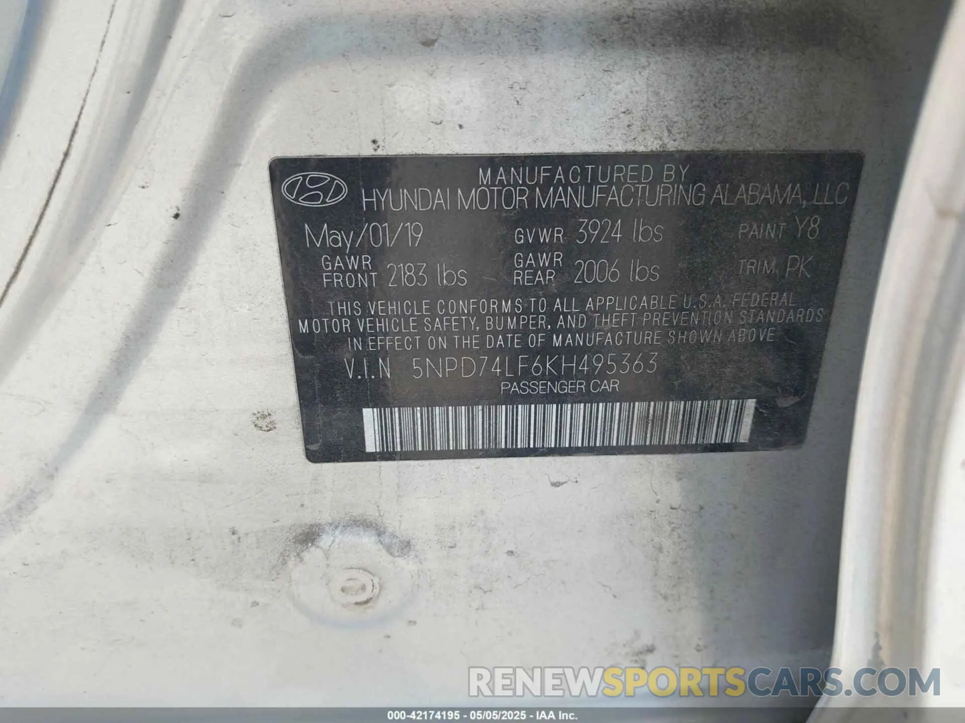 9 Photograph of a damaged car 5NPD74LF6KH495363 HYUNDAI ELANTRA 2019