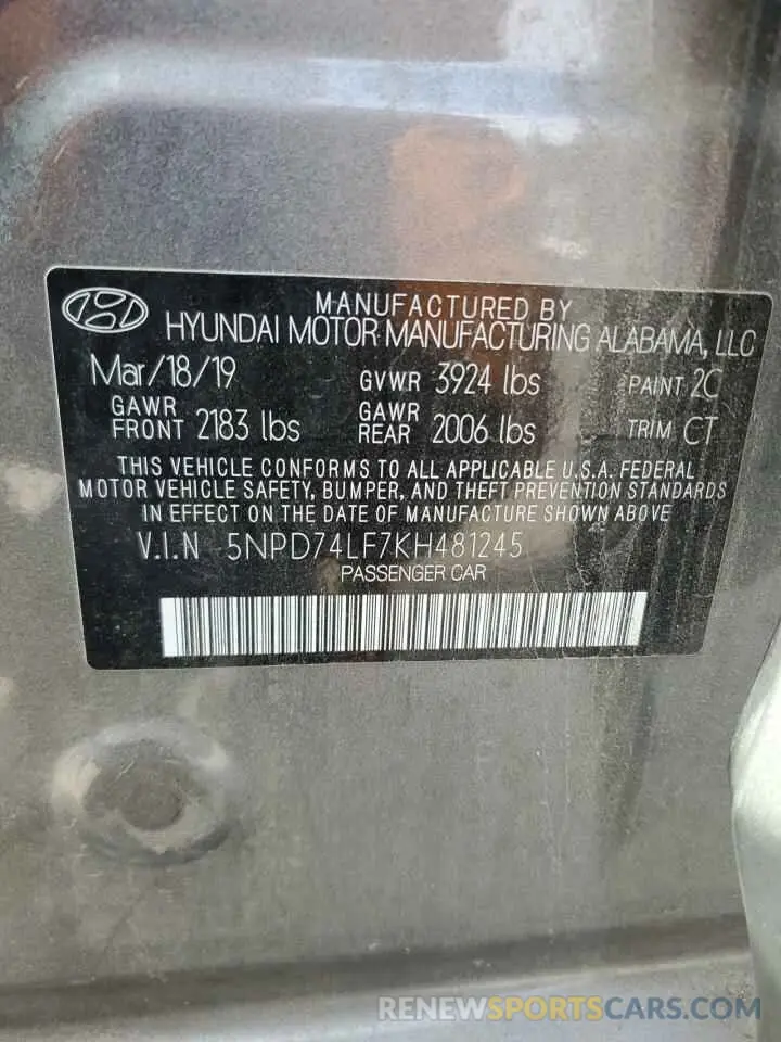 13 Фотография поврежденного автомобиля 5NPD74LF7KH481245 HYUNDAI ELANTRA 2019