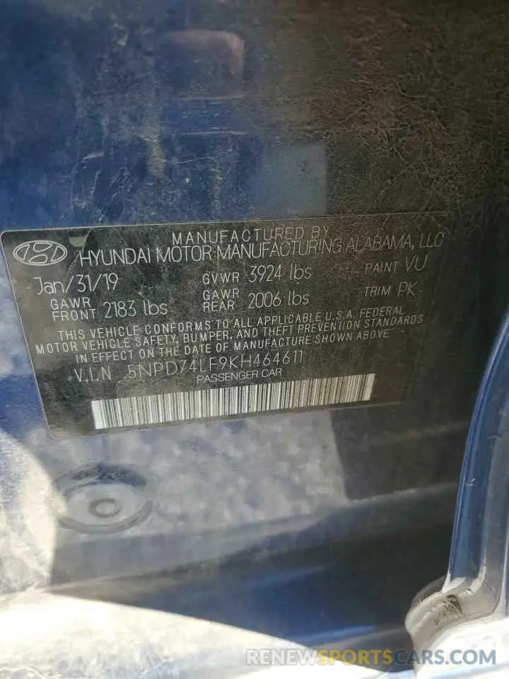 12 Photograph of a damaged car 5NPD74LF9KH464611 HYUNDAI ELANTRA 2019