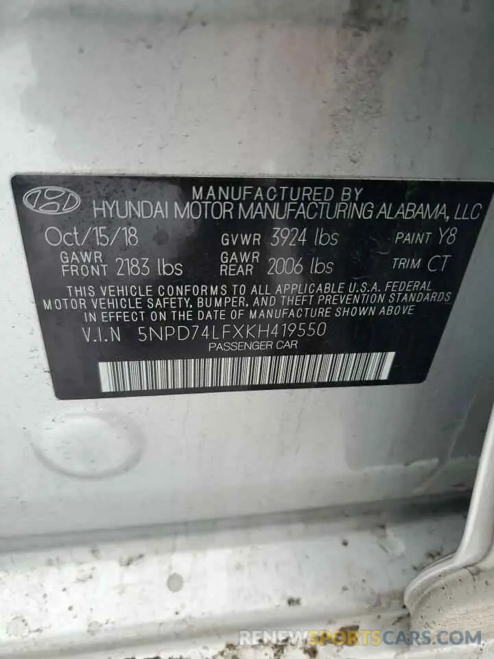 12 Фотография поврежденного автомобиля 5NPD74LFXKH419550 HYUNDAI ELANTRA 2019