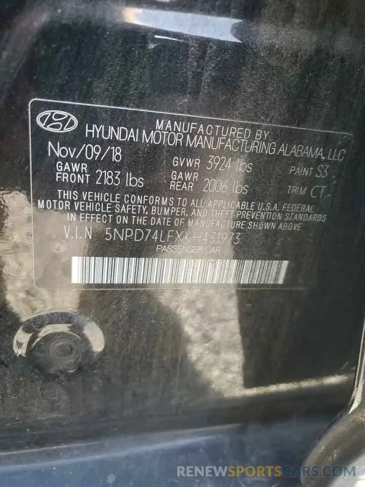 14 Photograph of a damaged car 5NPD74LFXKH431973 HYUNDAI ELANTRA 2019