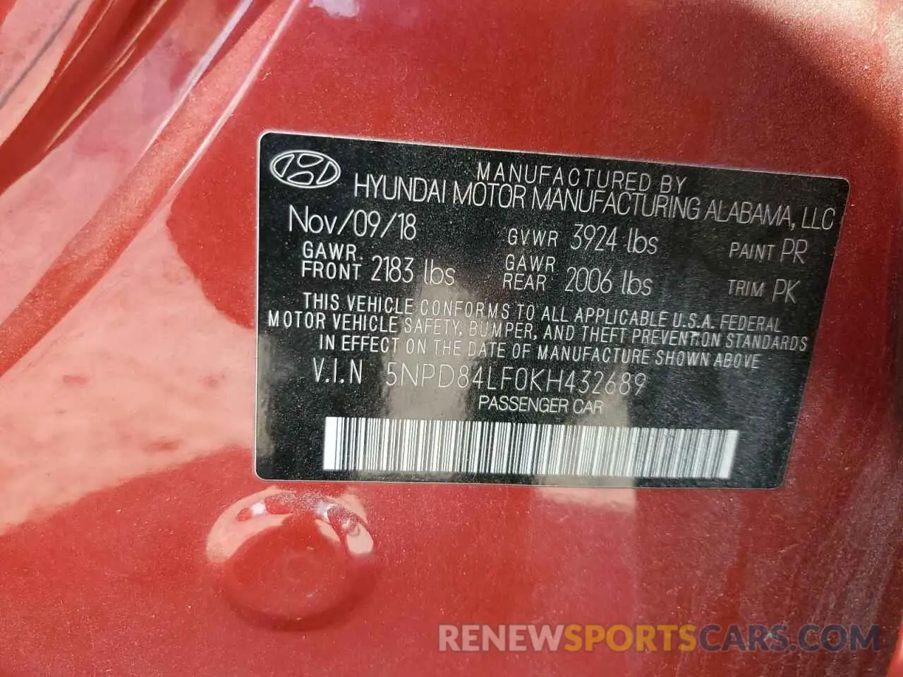 13 Photograph of a damaged car 5NPD84LF0KH432689 HYUNDAI ELANTRA 2019