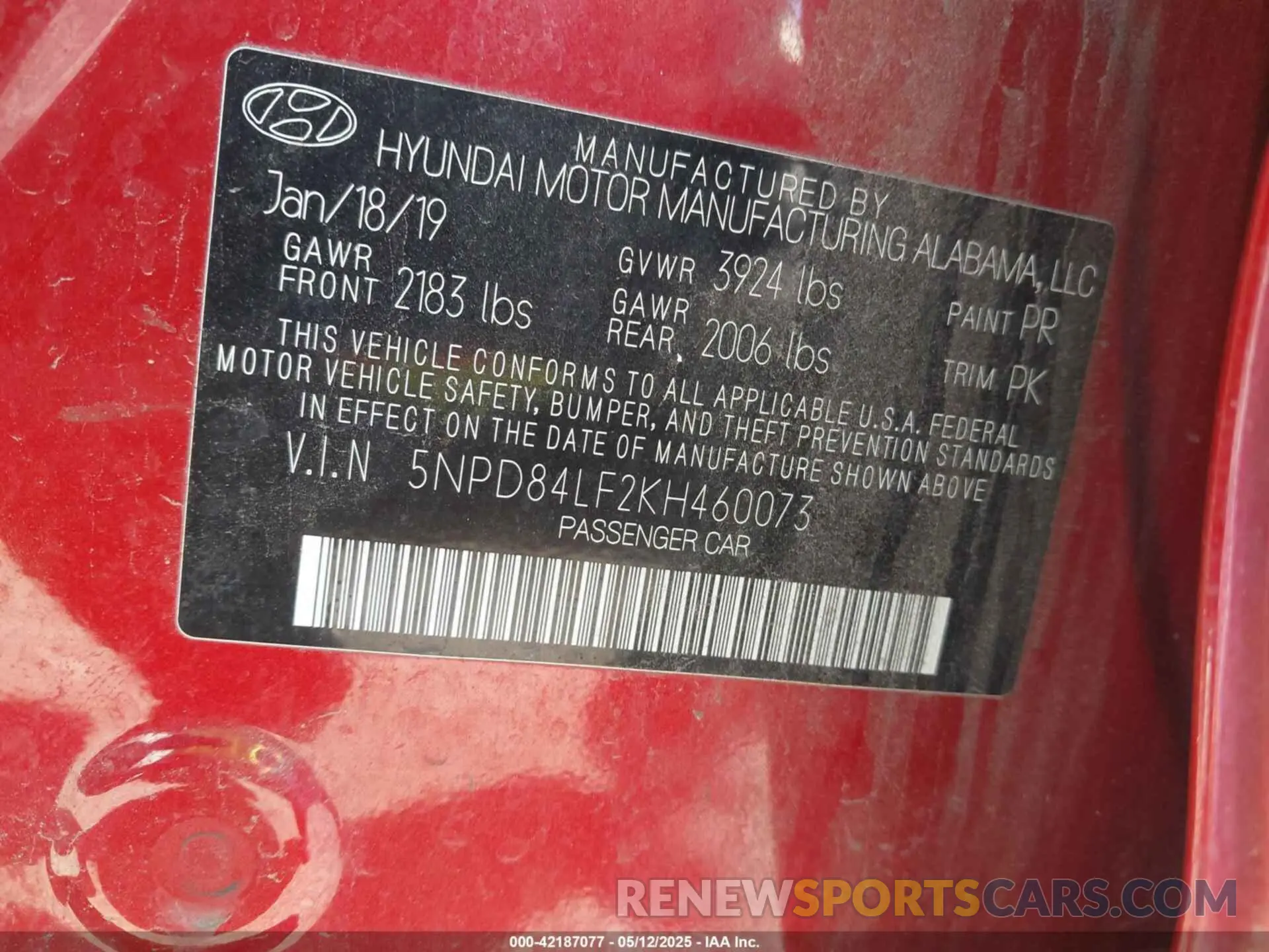 9 Photograph of a damaged car 5NPD84LF2KH460073 HYUNDAI ELANTRA 2019