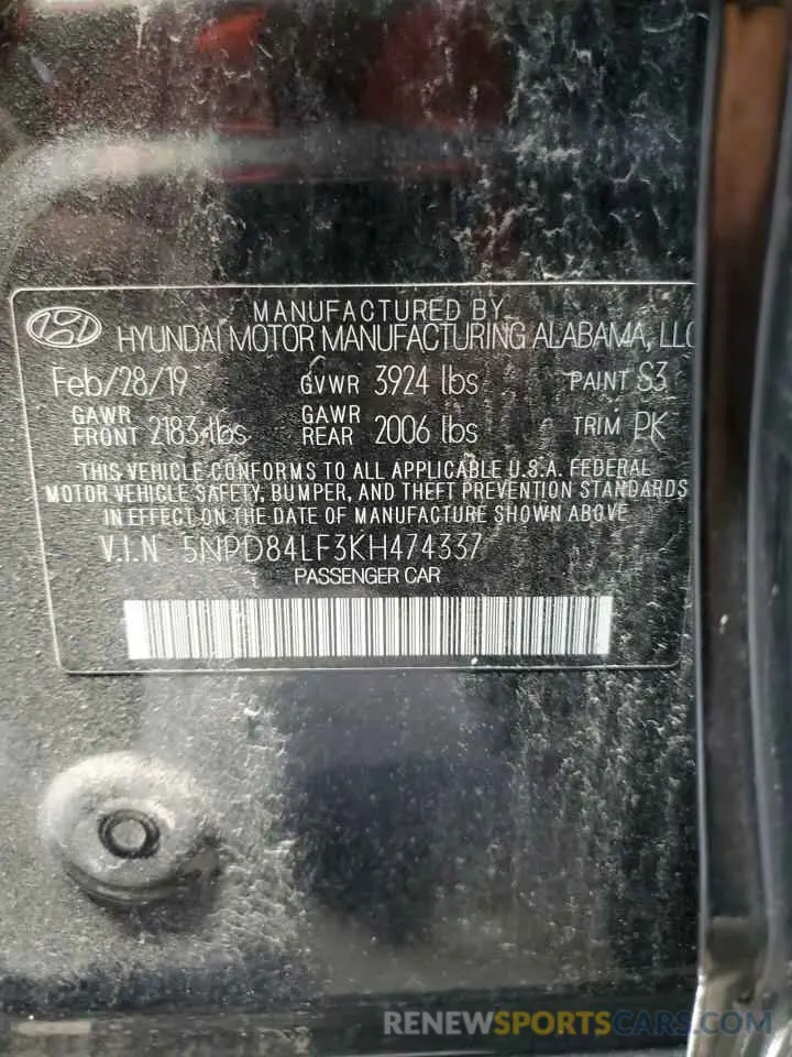12 Photograph of a damaged car 5NPD84LF3KH474337 HYUNDAI ELANTRA 2019