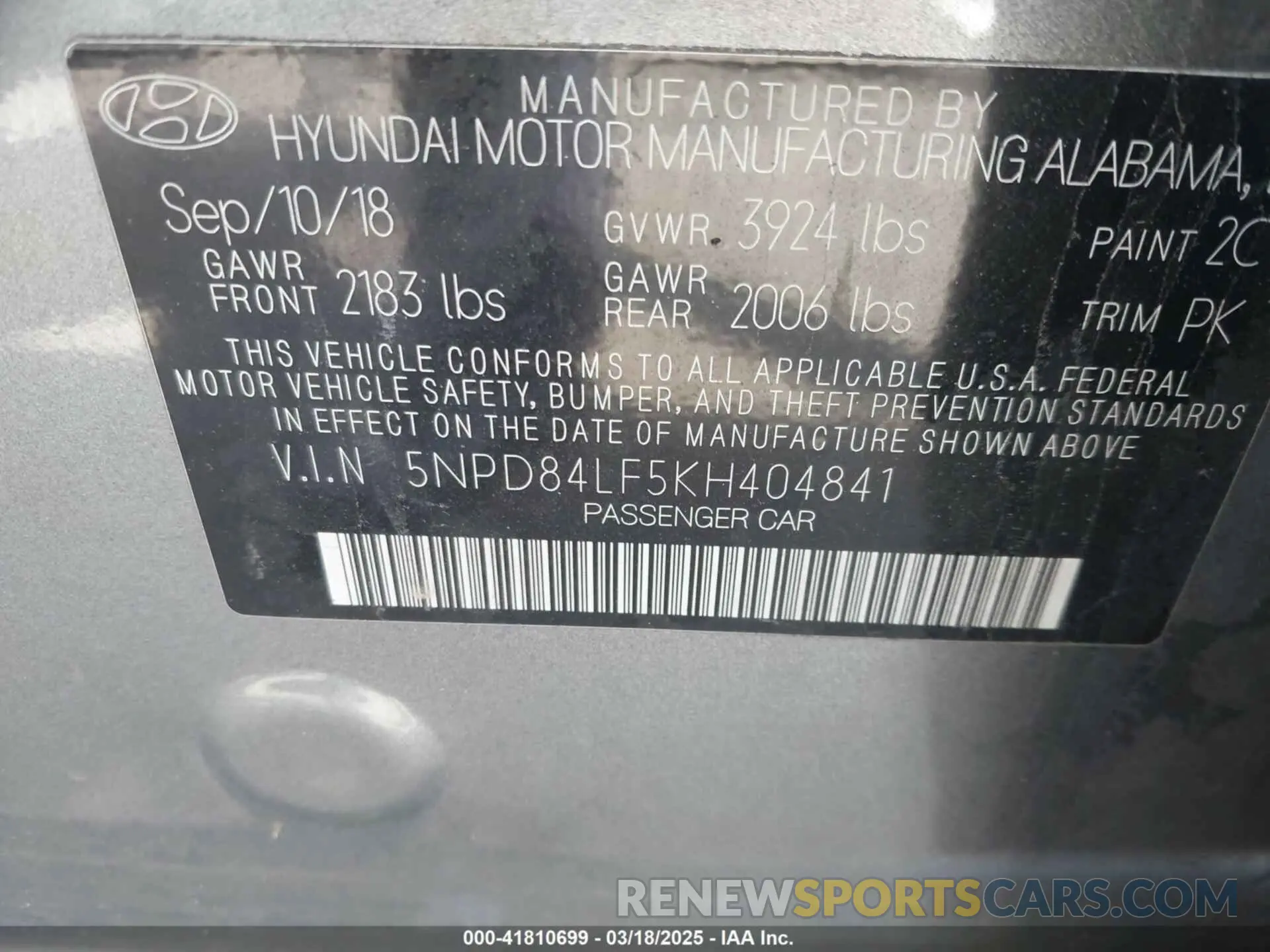 9 Photograph of a damaged car 5NPD84LF5KH404841 HYUNDAI ELANTRA 2019