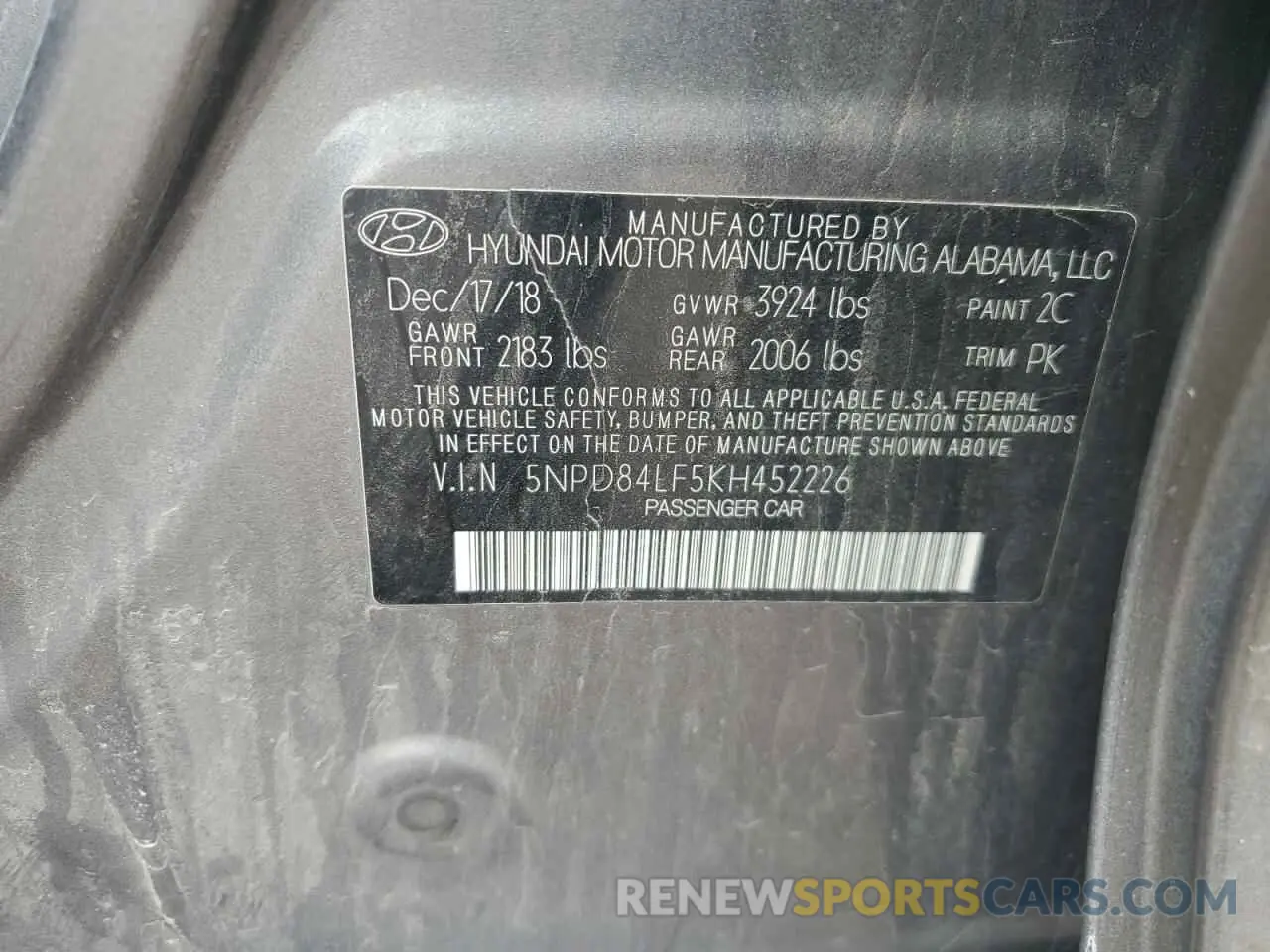 12 Photograph of a damaged car 5NPD84LF5KH452226 HYUNDAI ELANTRA 2019